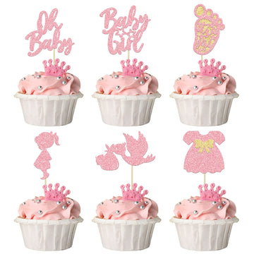24Pcs Baby Shower Oh Baby Cupcake Toppers With Bow Dress Footprint Swan Pink Glitter Baby Girl Cake Picks Decorations For Baby S