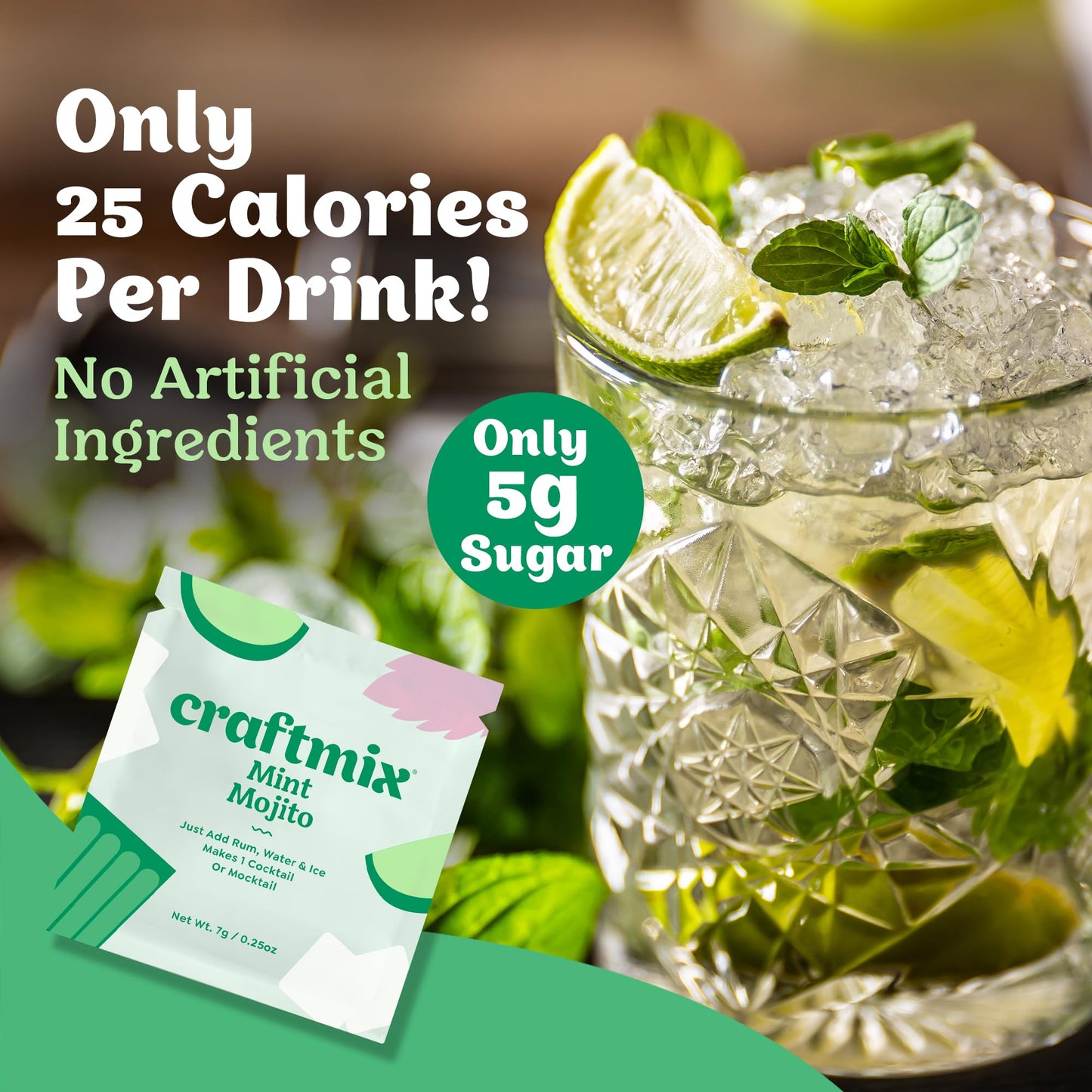 Craftmix Mint Mojito Cocktail & Mocktail Drink Mixer, Skinny Mixes - Water Flavoring Packets - Made With Real Fruit - Vegan Low-Carb, Low-Sugar, Non-Gmo, Dairy Free, Gluten Free, 24 Pack