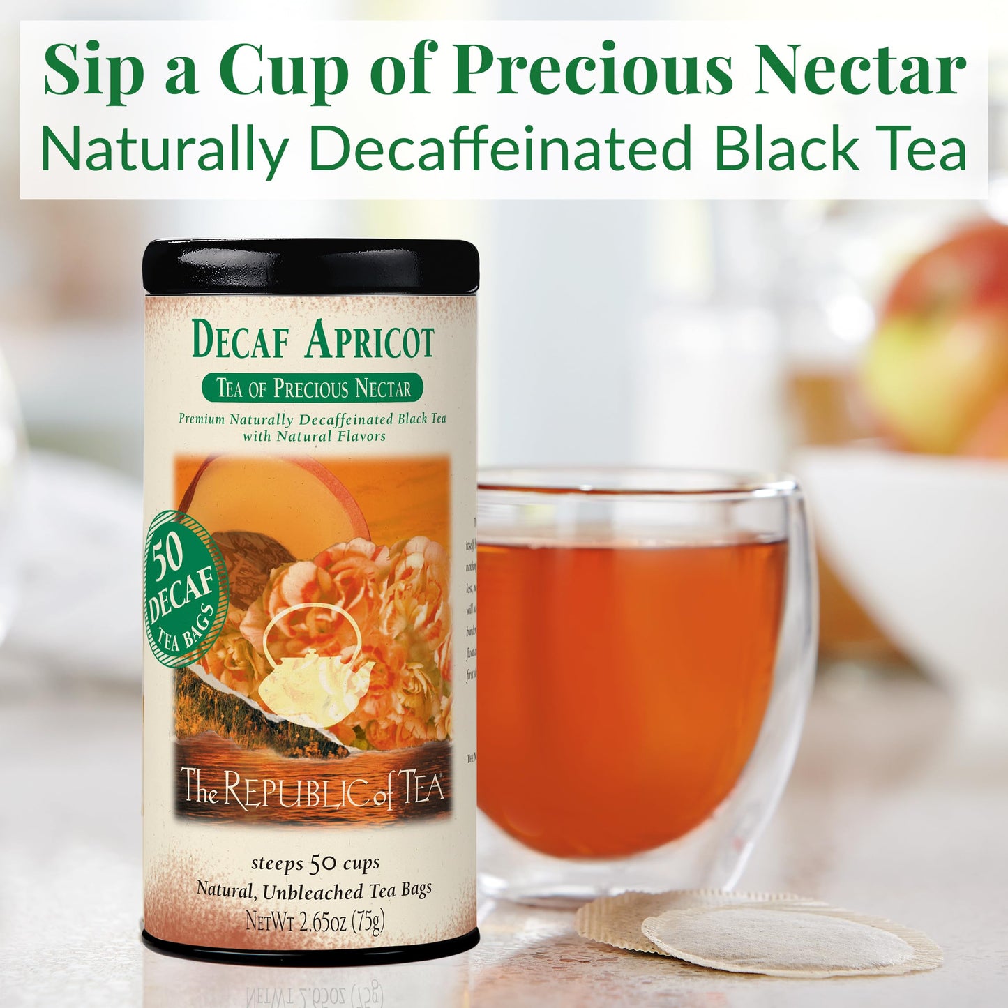 The Republic of Tea Decaf Apricot Black Tea, 50 Tea Bags, Environmentally-Friendly, 50 Count