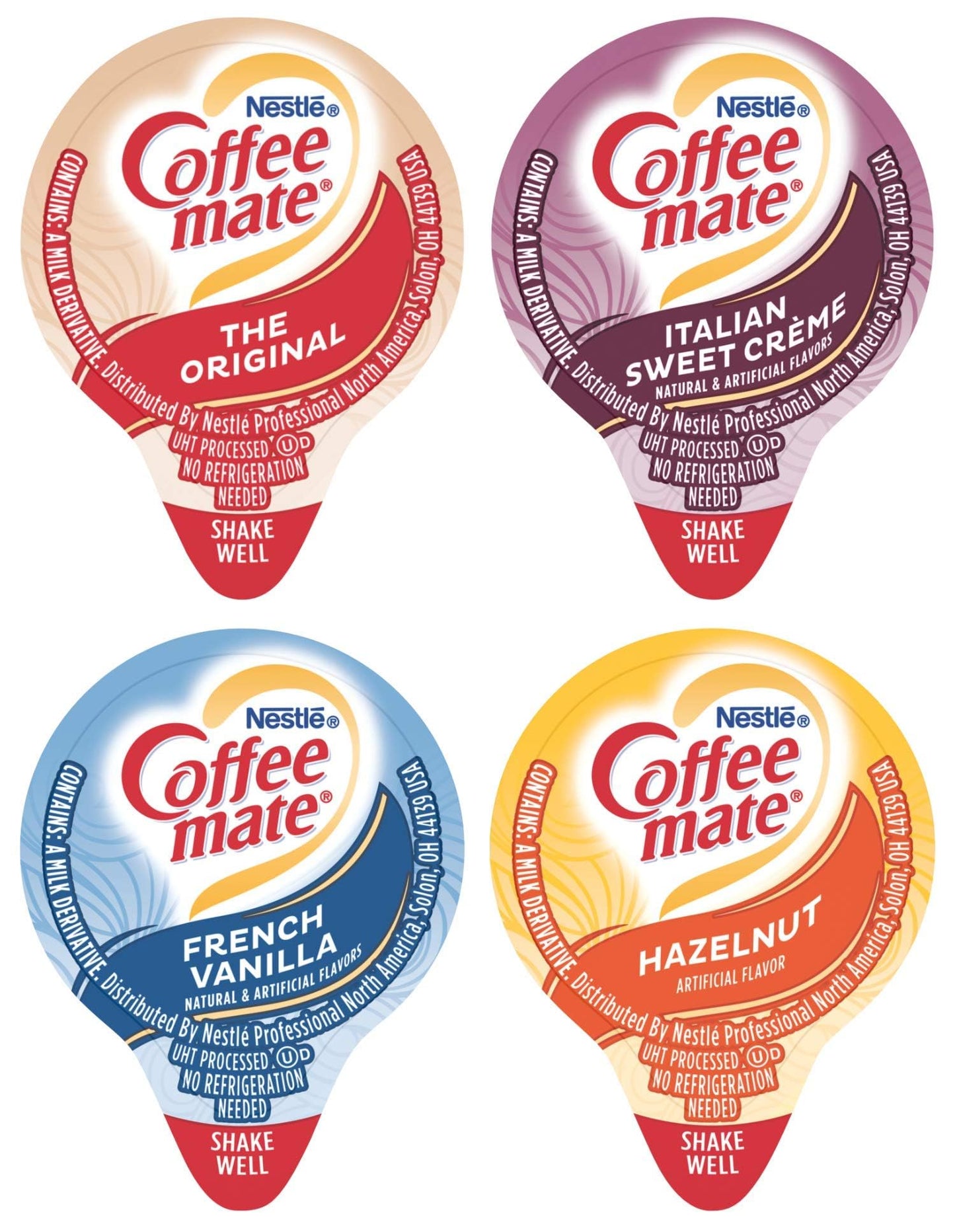 Nestle Coffee Mate Liquid .375Oz Variety Pack (4 Flavor) 100 Count Includes Original, French Vanilla, Hazelnut, Italian Sweet Cr