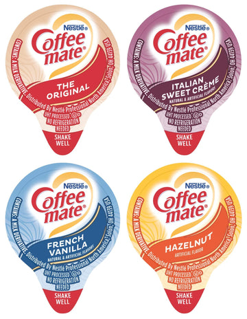 Nestle Coffee Mate Liquid .375Oz Variety Pack (4 Flavor) 100 Count Includes Original, French Vanilla, Hazelnut, Italian Sweet Cr