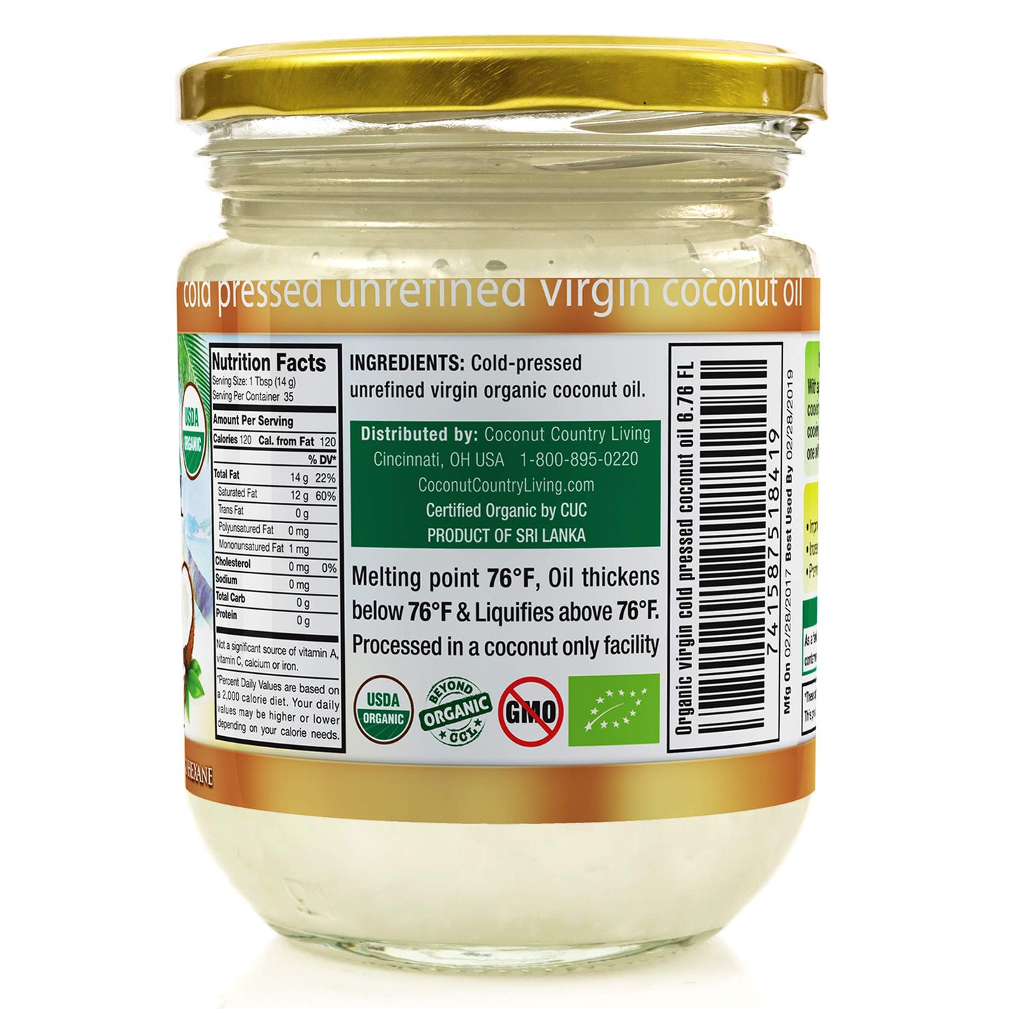 Coconut Country Living Extra Virgin Coconut Oil - Cold Pressed, Organic Superfood - 6.76 Fl Oz