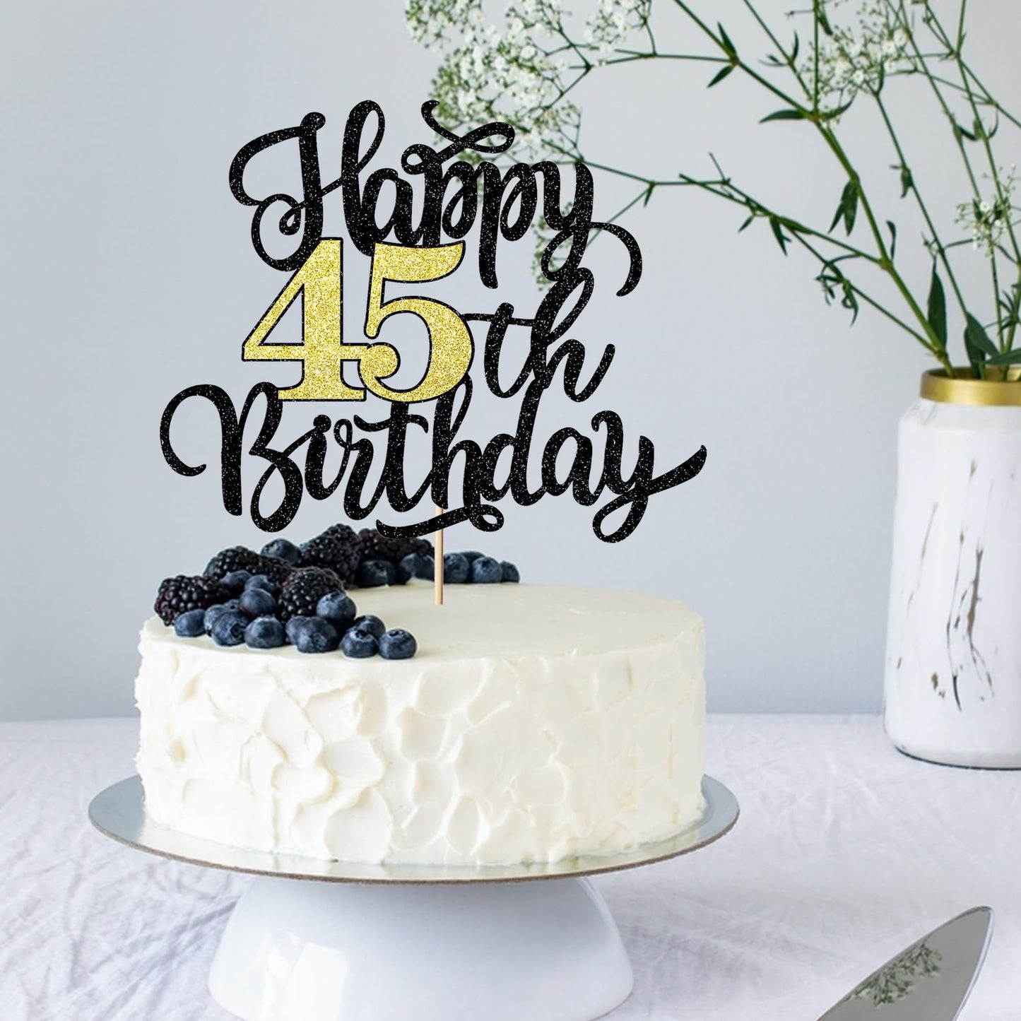 Leetaivie Happy 45Th Birthday Cake Topper, Black Gold Glitter Birthday Cake Topper, 45Th Anniversary/ 45Th Birthday Party Decora