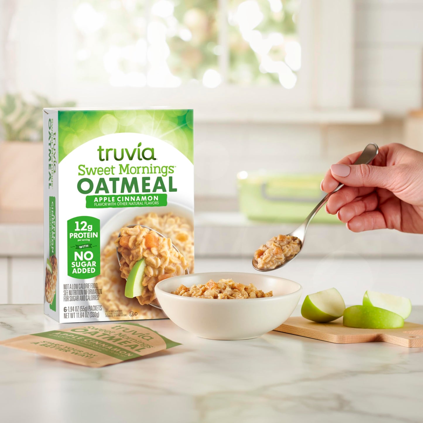 Truvia® Sweet Mornings™ Apple Cinnamon Instant Rolled Oat Oatmeal Packets, 12 G Protein, No Sugar Added (6 Packets)