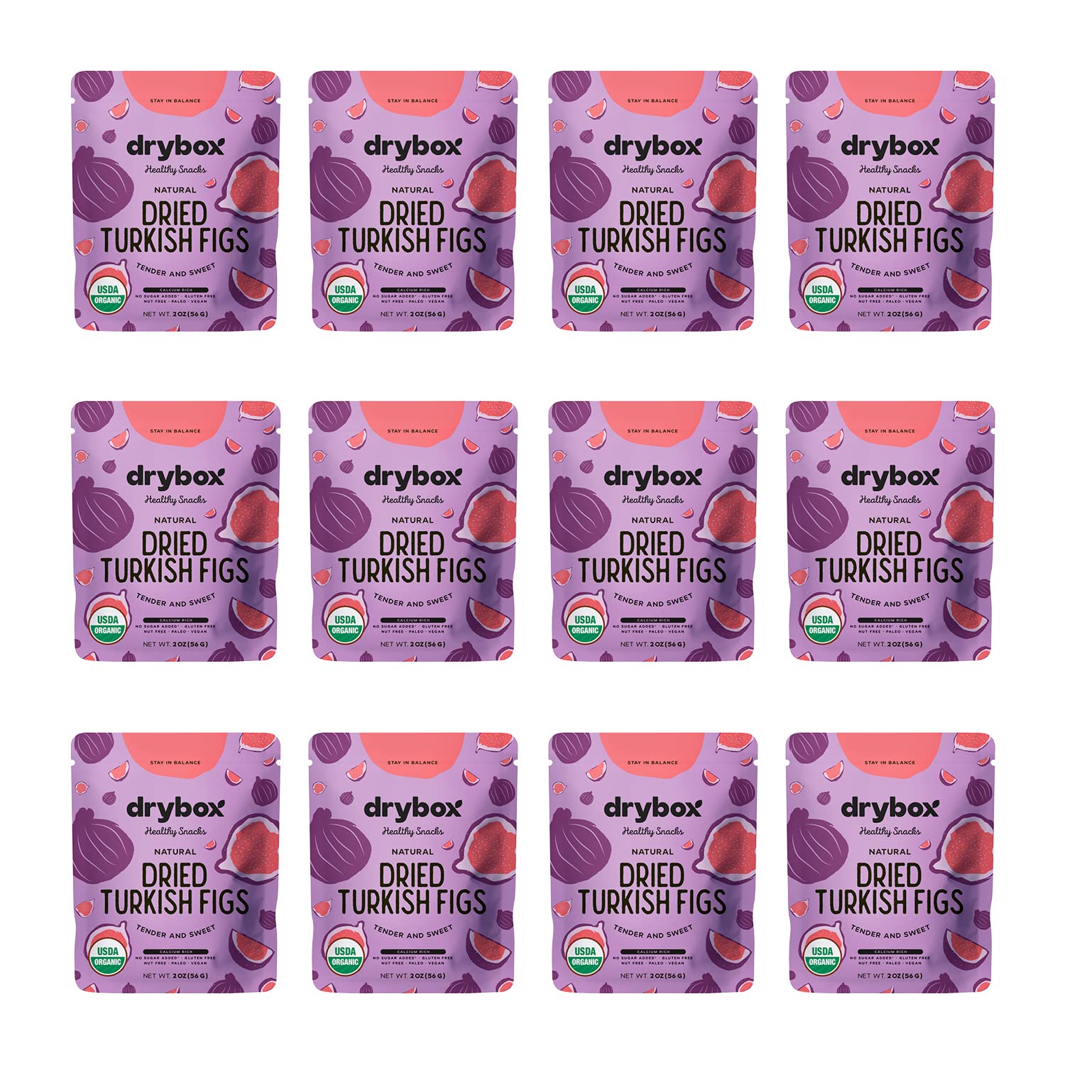 Drybox Organic Dried Turkish Figs 12 Snack Packs No Sugar Added Unsweetened Unsulfured Non-GMO Healthy Party Favors Snacks for L