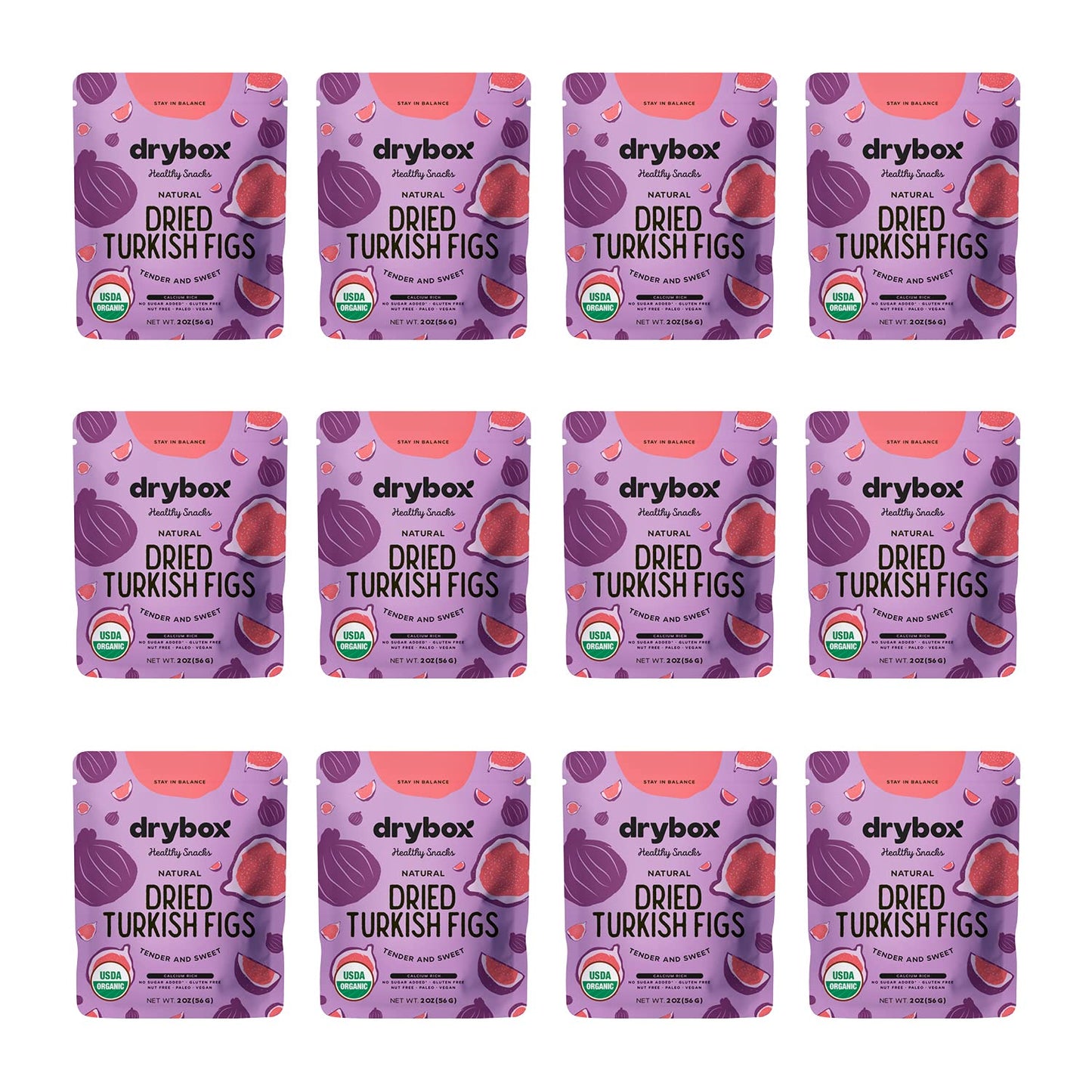 Drybox Dried Turkish Figs 36 Snack Packs Unsweetened Unsulfured Bulk Dry Figs | 2 oz per portion pack, Travel packs for school, 