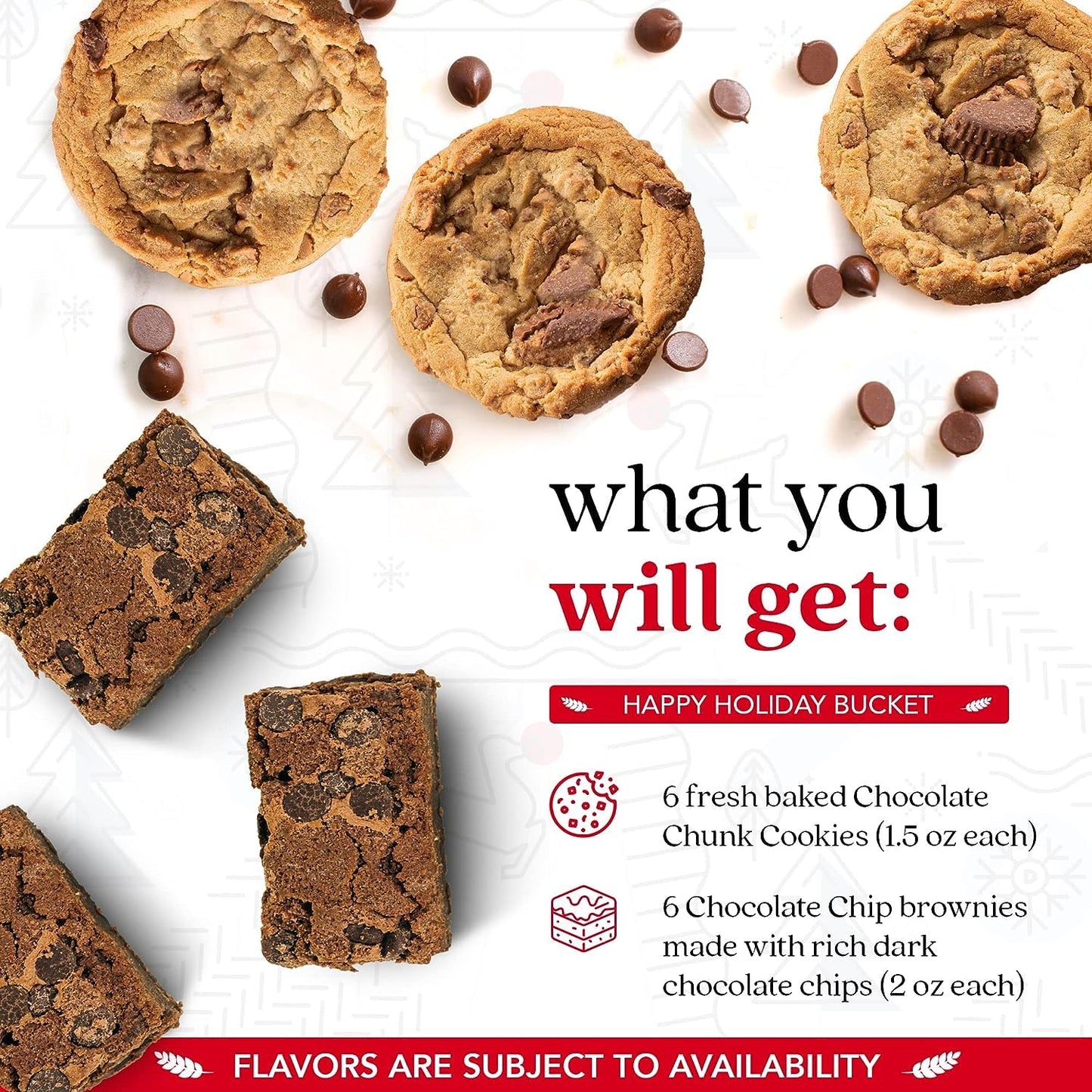 Davids Cookies Happy Holiday Assorted Cookies Bucket Sampler - 1.3Lbs Assorted Gourmet Cookies with Chocolate Chip Brownies and