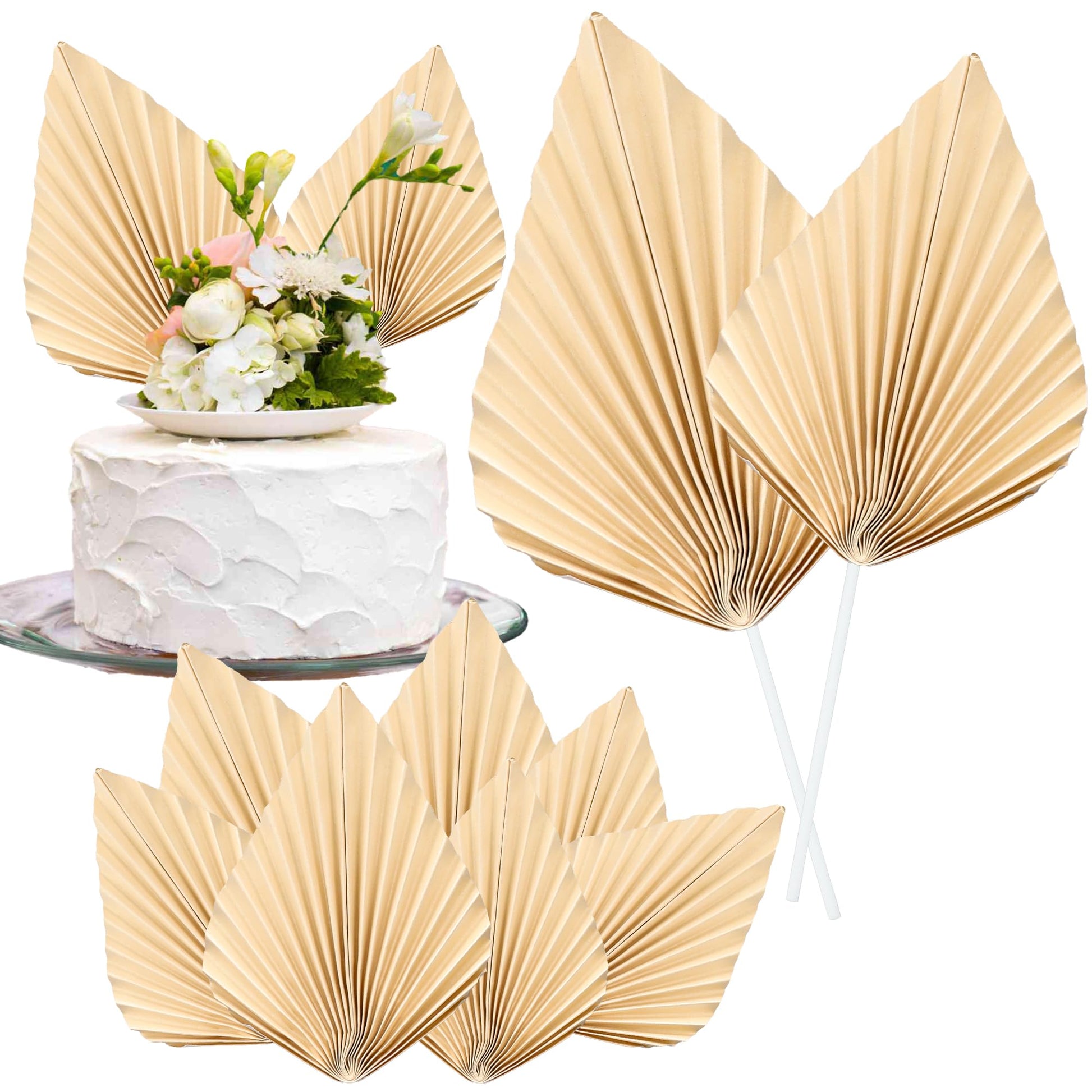 Gyufise Paper Palm Fan Cake Toppers, 6 Pcs, 4.7 x 5.1 inches, Beige, Model ZN0680-4, Wedding and Party Supplies