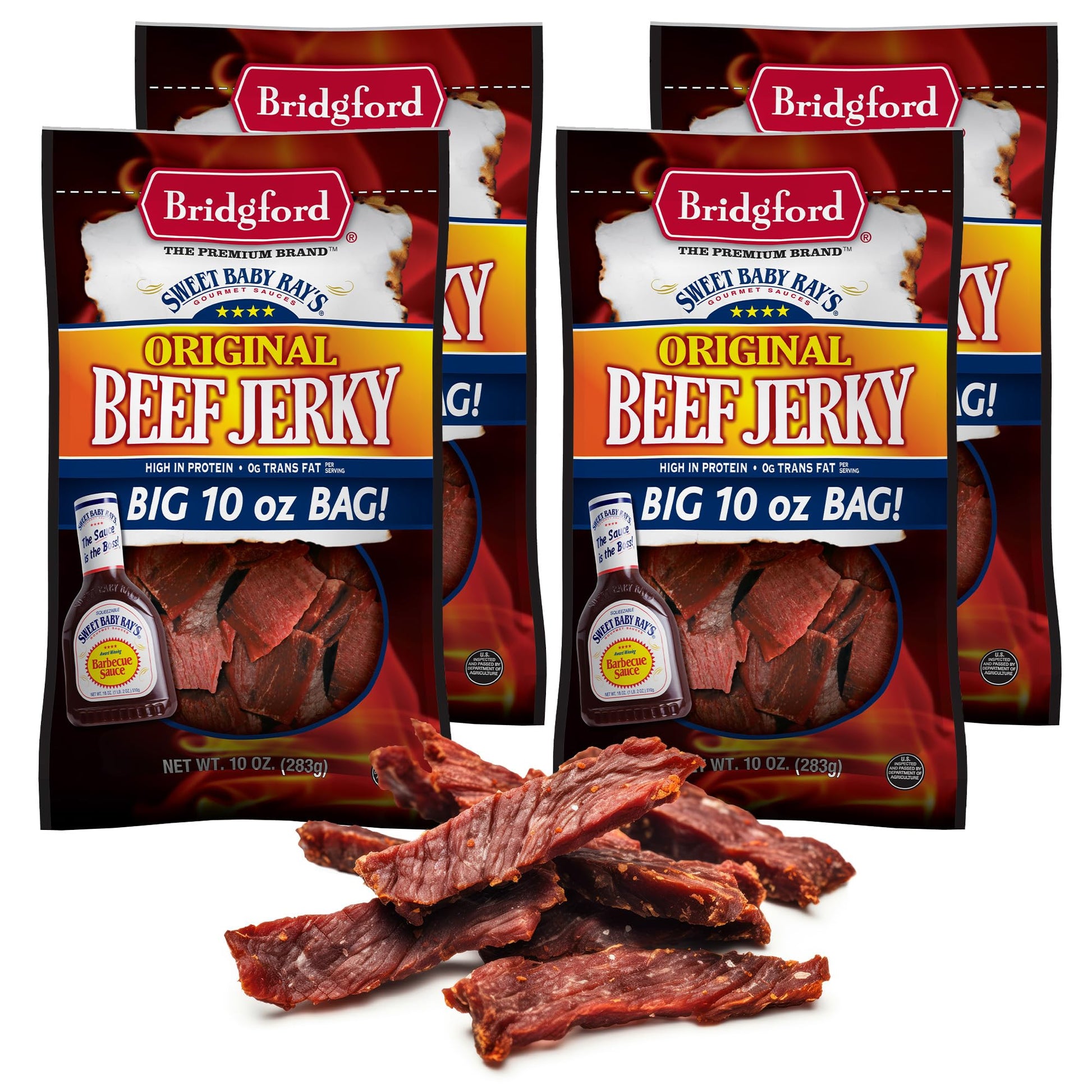 Bridgford Beef Jerky Original, High Protein Healthy Snack, 10 oz Pack of 4