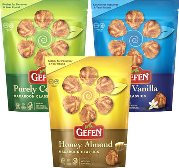 Gefen Gluten Free Macaroons, 10oz (3 Pack Variety) | Coconut, Honey Almond, & Vanilla | Resealable Bag | Dairy Free | Kosher for