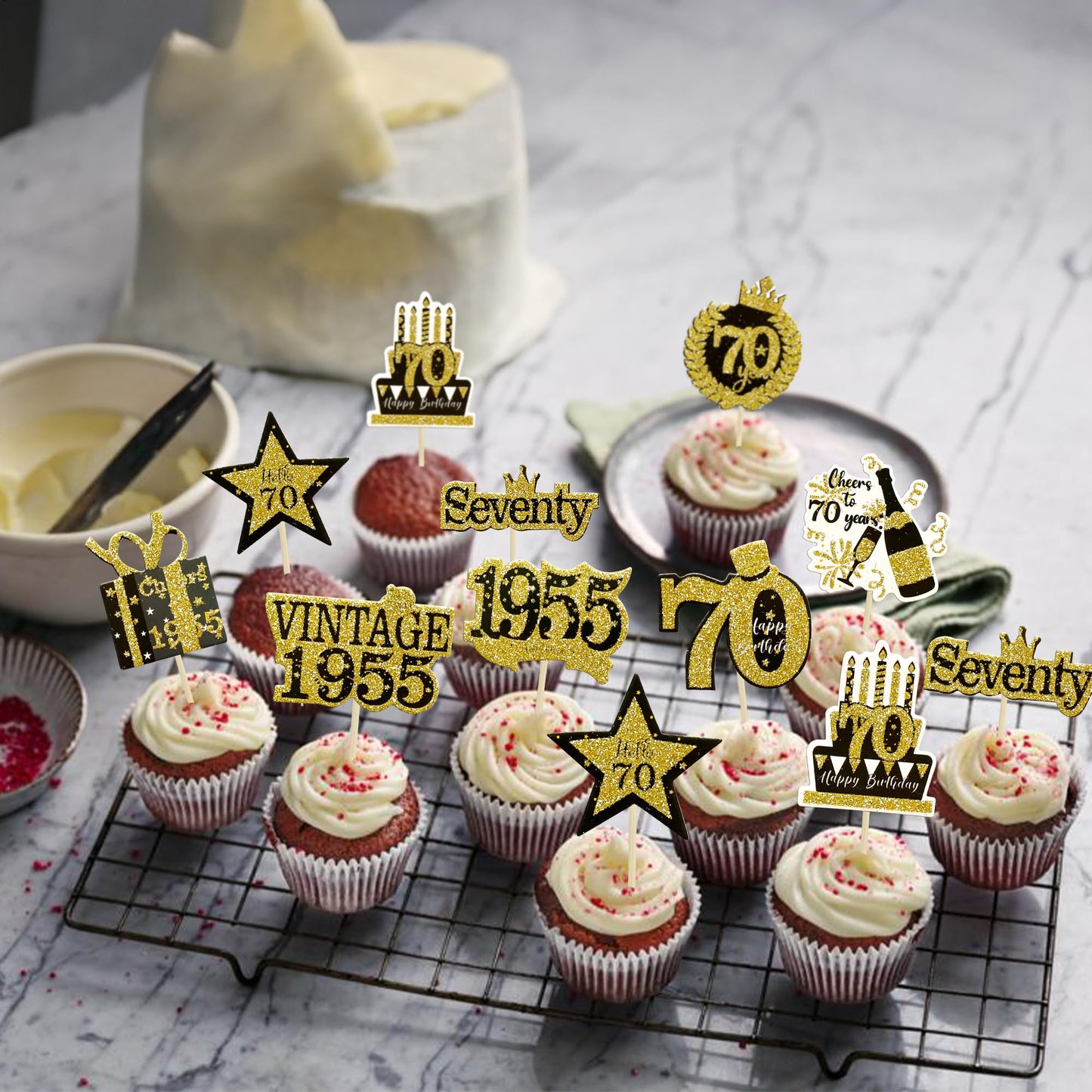 Gyufise 36Pcs Happy 70Th Birthday Cupcake Toppers Glitter Black Gold Seventy Hello 70 Vintage 1955 Cupcake Picks Cheers To 70 Ye