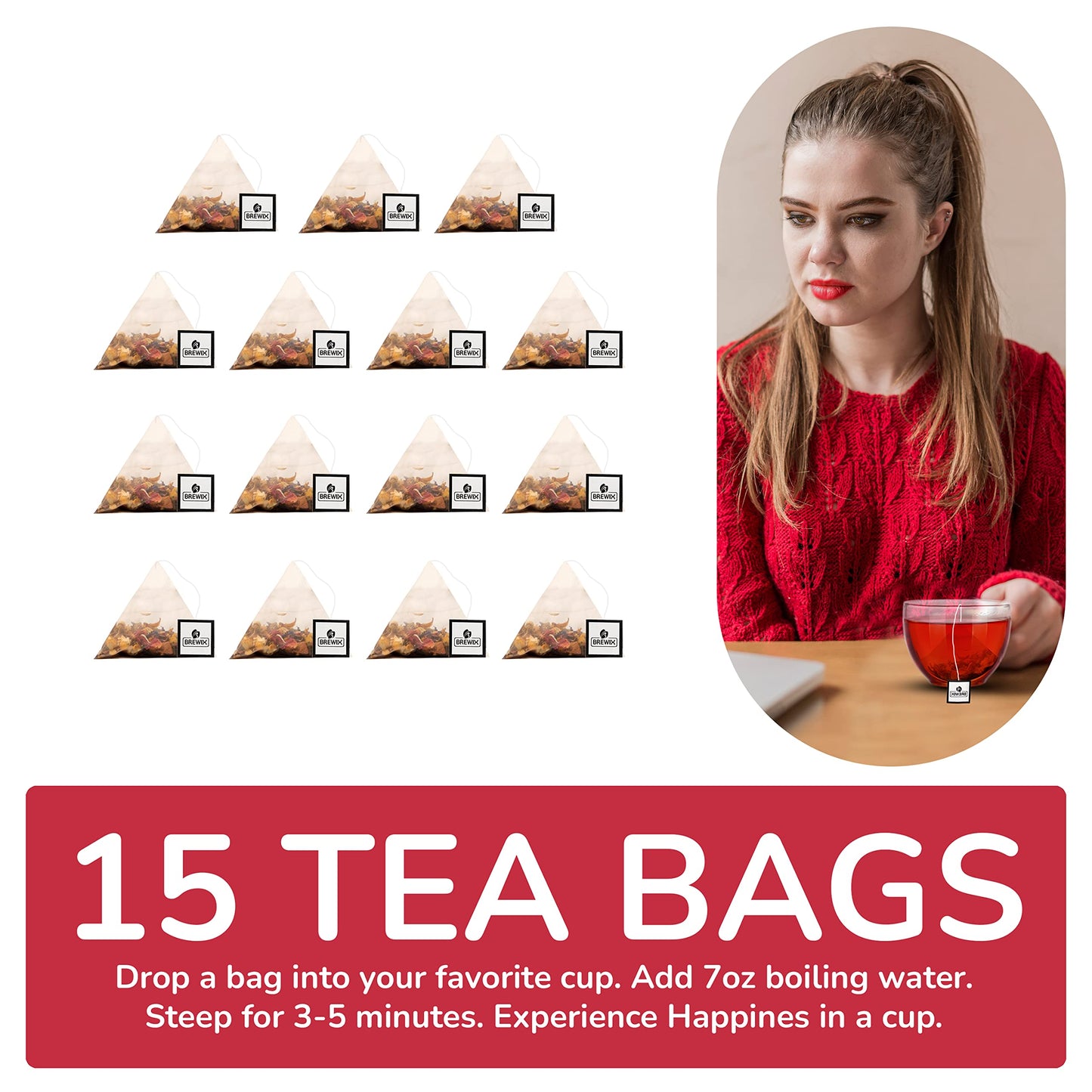 BREWIX Hibiscus Rose Herbal Tea Bags, 15 Pyramid Bags, Whole Hibiscus Flowers, Chamomile, Spices, Supports Wellness & Digestion