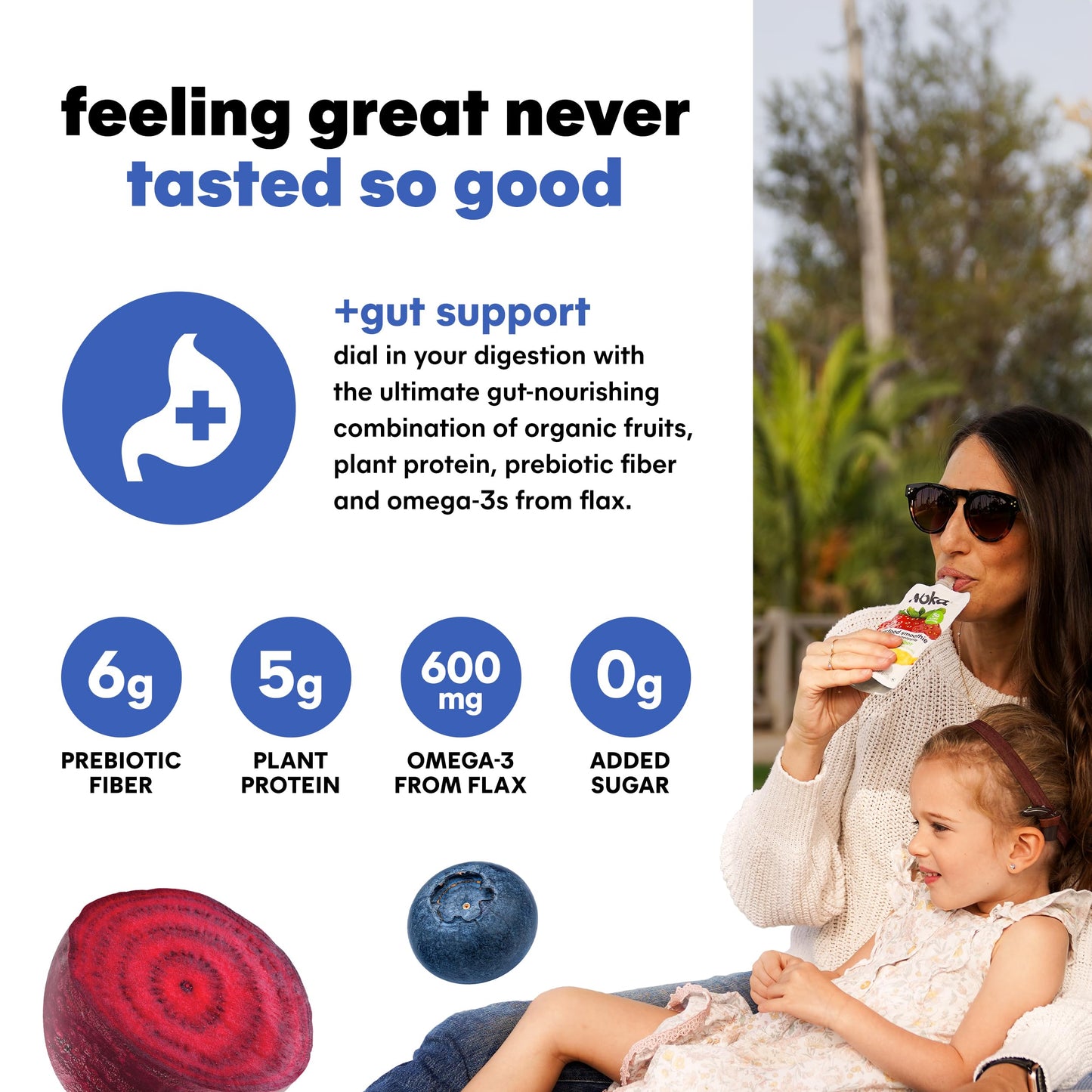 Noka Superfood Fruit Smoothie Pouches, Blueberry Beet, Healthy Snacks with Flax Seed, Plant Protein and Prebiotic Fiber, Vegan a