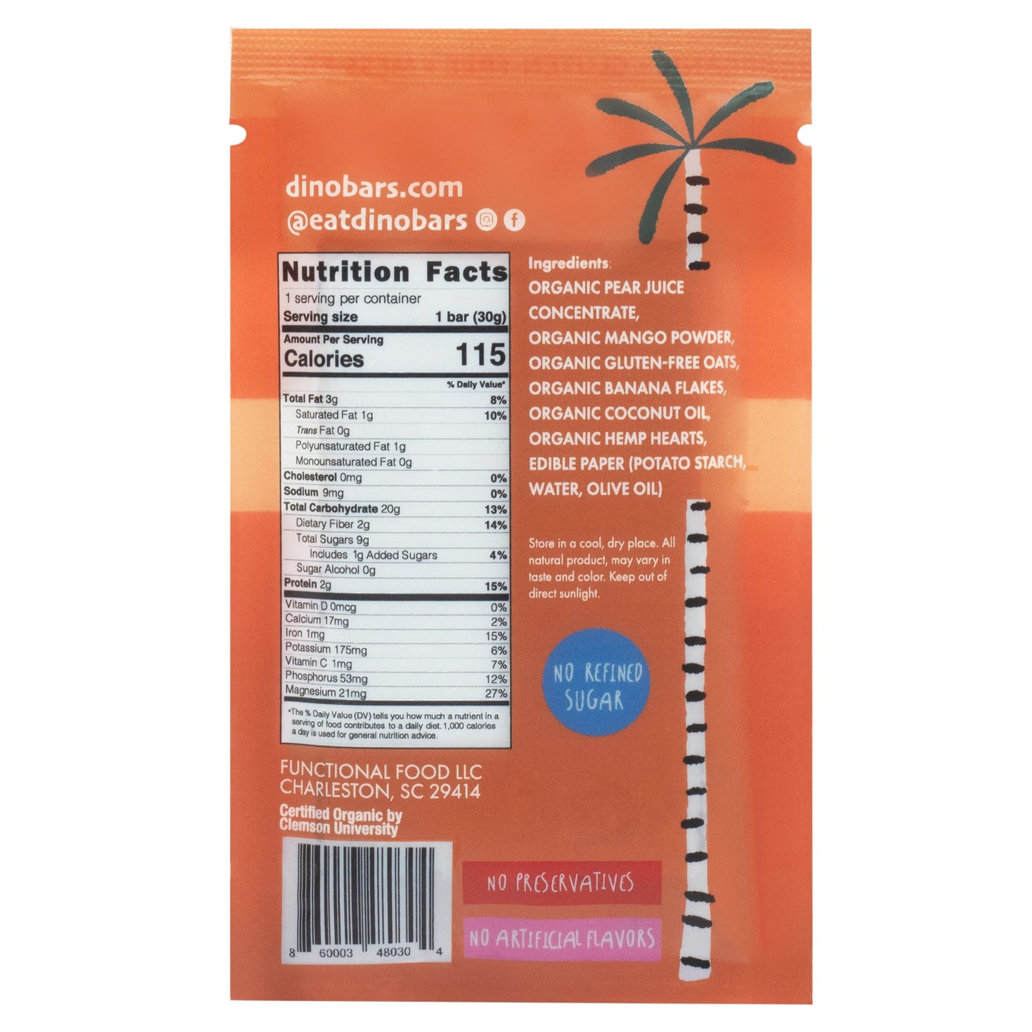 DINO BARS Organic Fruit Bar for Kids 1+ | Mango Flavor | 30 Count Pack
