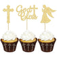 Gyufise 24Pcs Gold Glitter Cupcake Toppers, Cross and God Bless Design, Small, Paper, Model UKZN0096-G