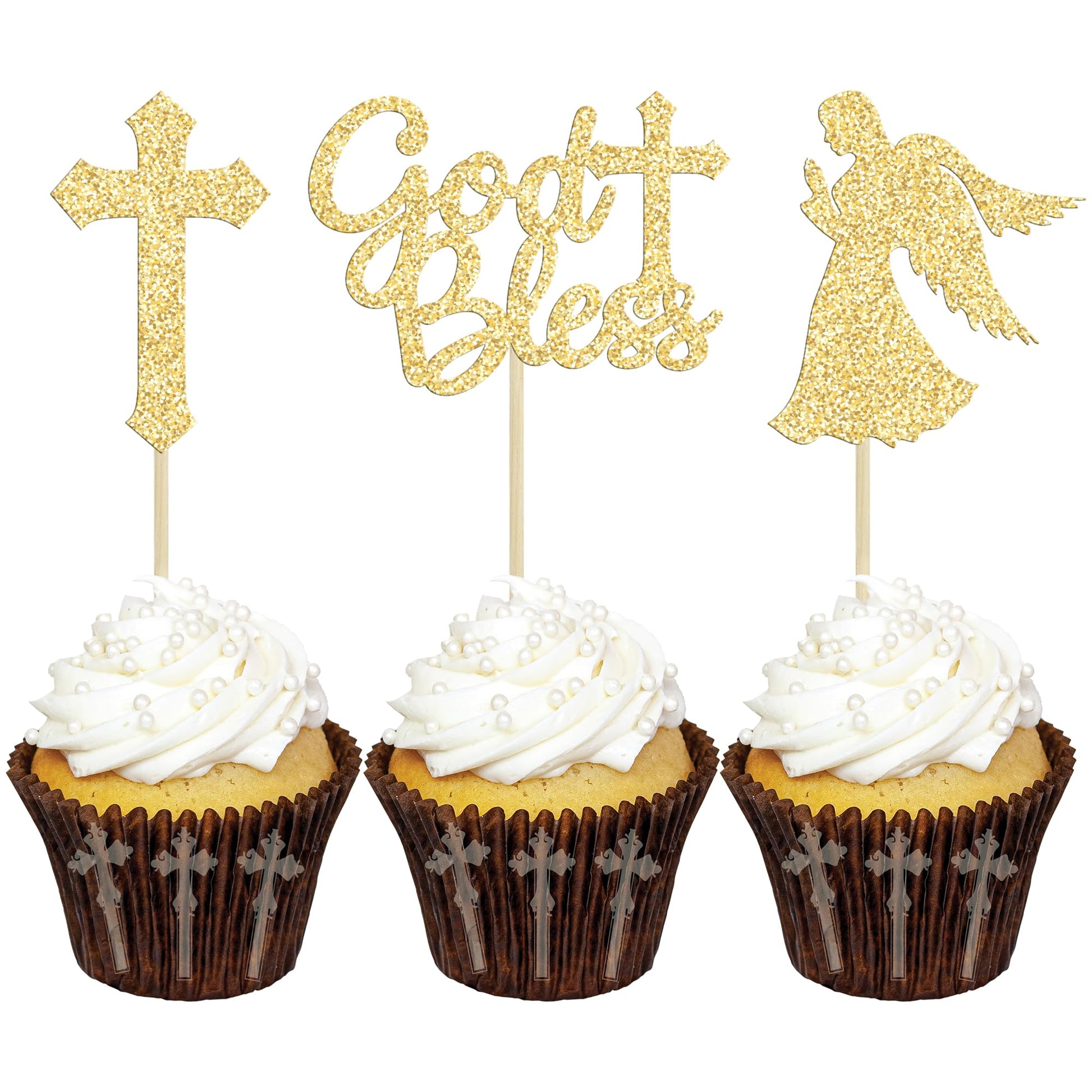 Gyufise 24Pcs Gold Glitter Cupcake Toppers, Cross and God Bless Design, Small, Paper, Model UKZN0096-G