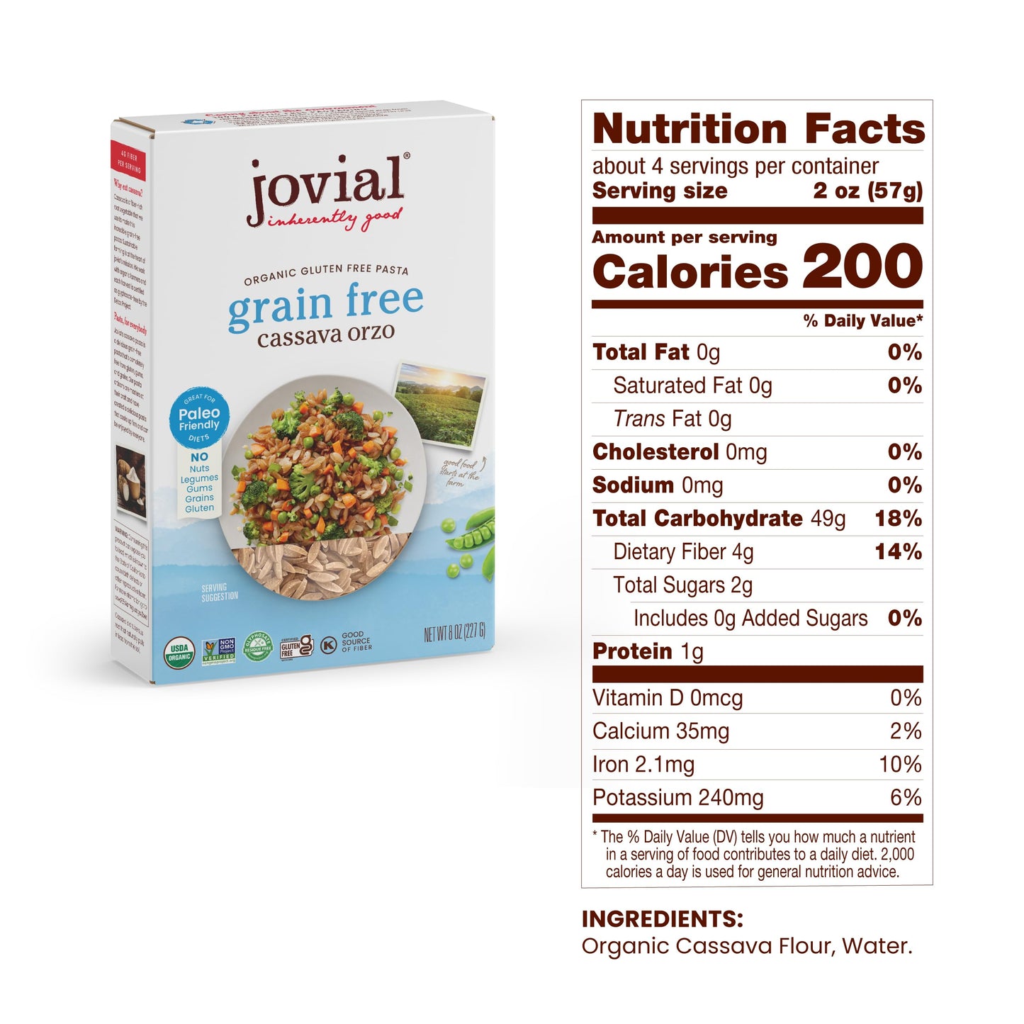 Jovial Grain-Free Cassava Orzo - Gluten Free Orzo Pasta, Cassava Pasta, Paleo Pasta, Grain-Free, 100% Organic Pasta, Usda Certified Organic, Non-Gmo, High-Fiber - 8 Oz, 6 Pack