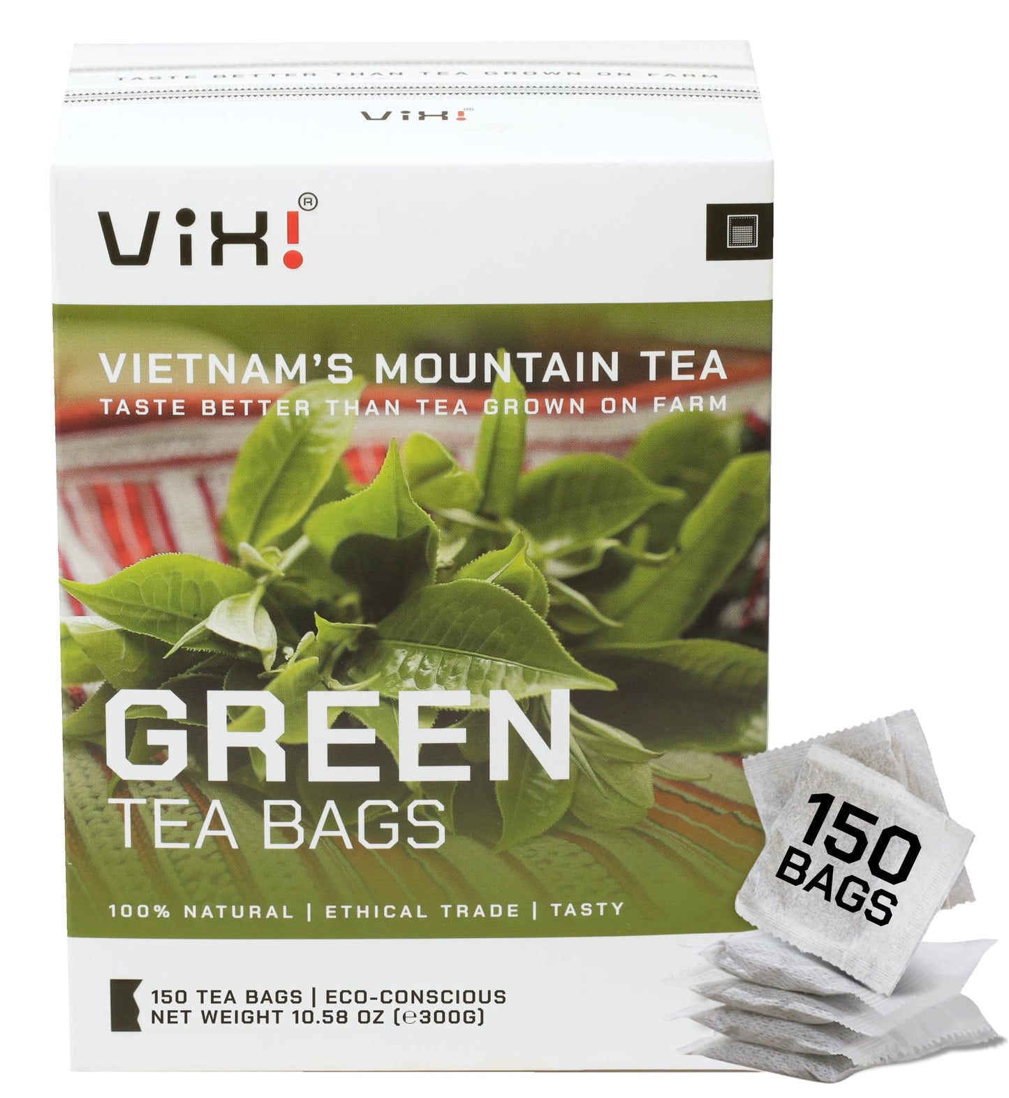 Vixi Green Tea Bags, 150 Counts, Vietnam'S Mountain Tea, Antioxidant, Caffeinated, Tagless, Balanced Taste, 100% Natural From An
