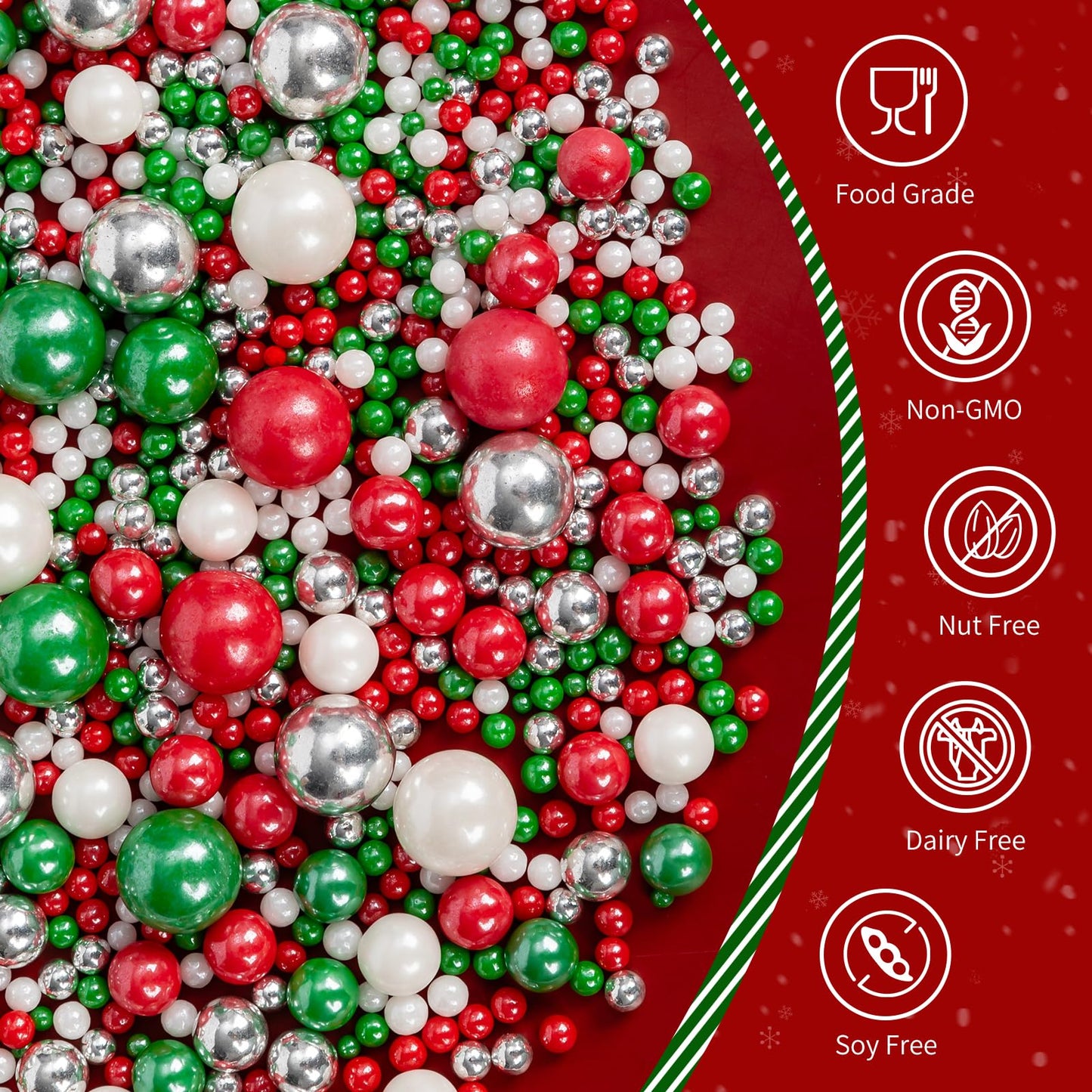 Edible Christmas Sprinkles Pearls for Cake Decorating,130g Red Green White and Silver Pearl Mixed,Edible Sugar Holiday sprinkle