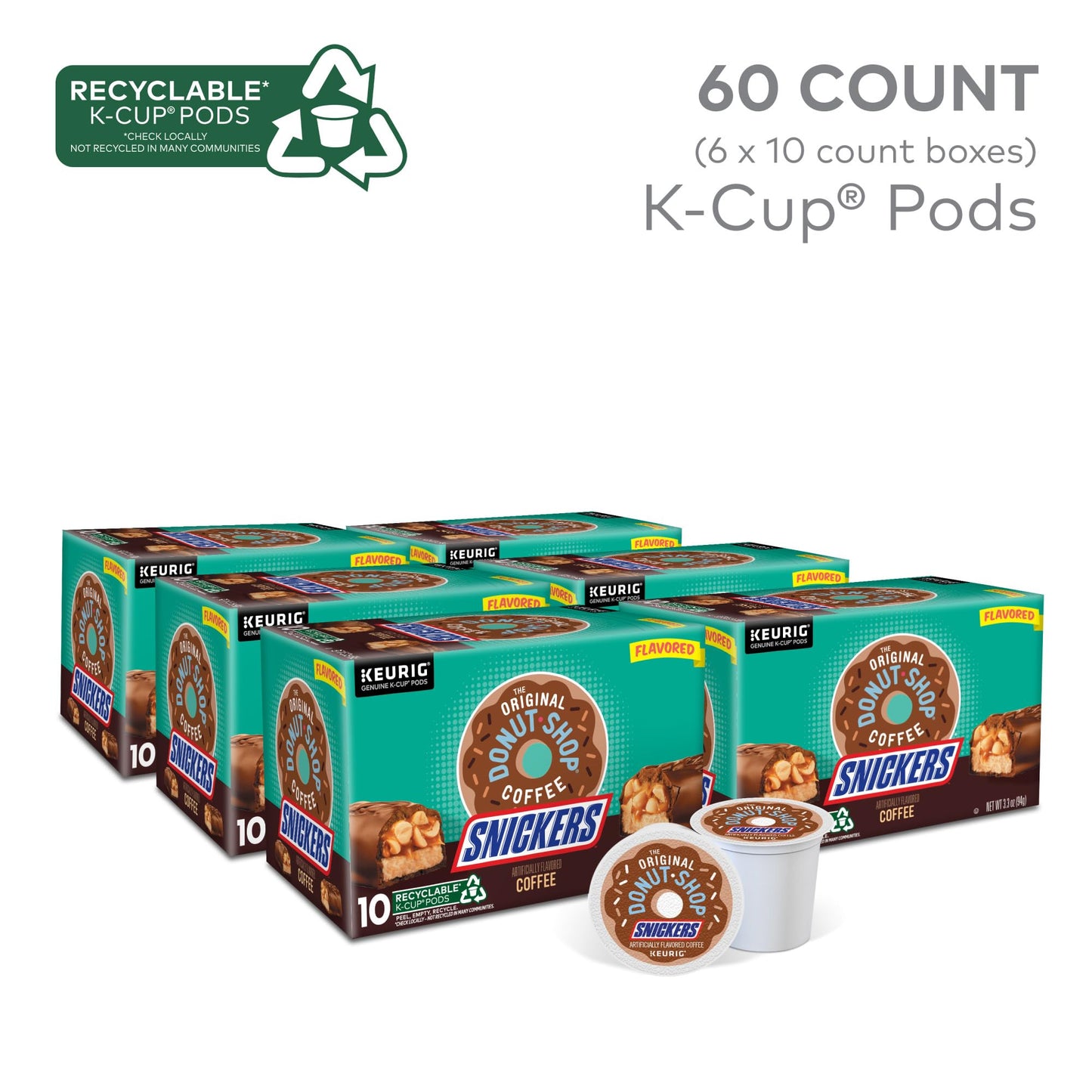 The Original Donut Shop Snickers Coffee, Keurig Single Serve K-Cup Pods, Flavored Coffee, 60 Count, (6 Packs Of 10)
