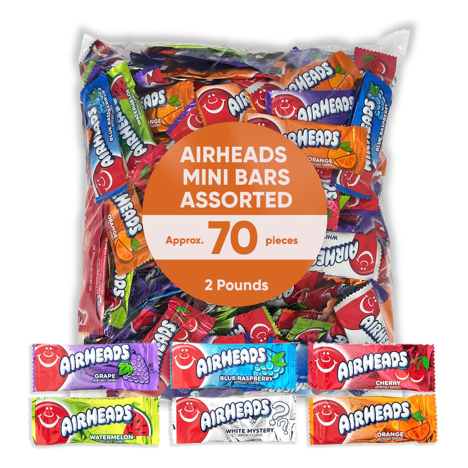Airheads Mini Bars 2 Pounds Approx 70 Pieces - Individually Wrapped - Assorted Fruit Flavored Cherry - Grape - Mystery Flavor - 