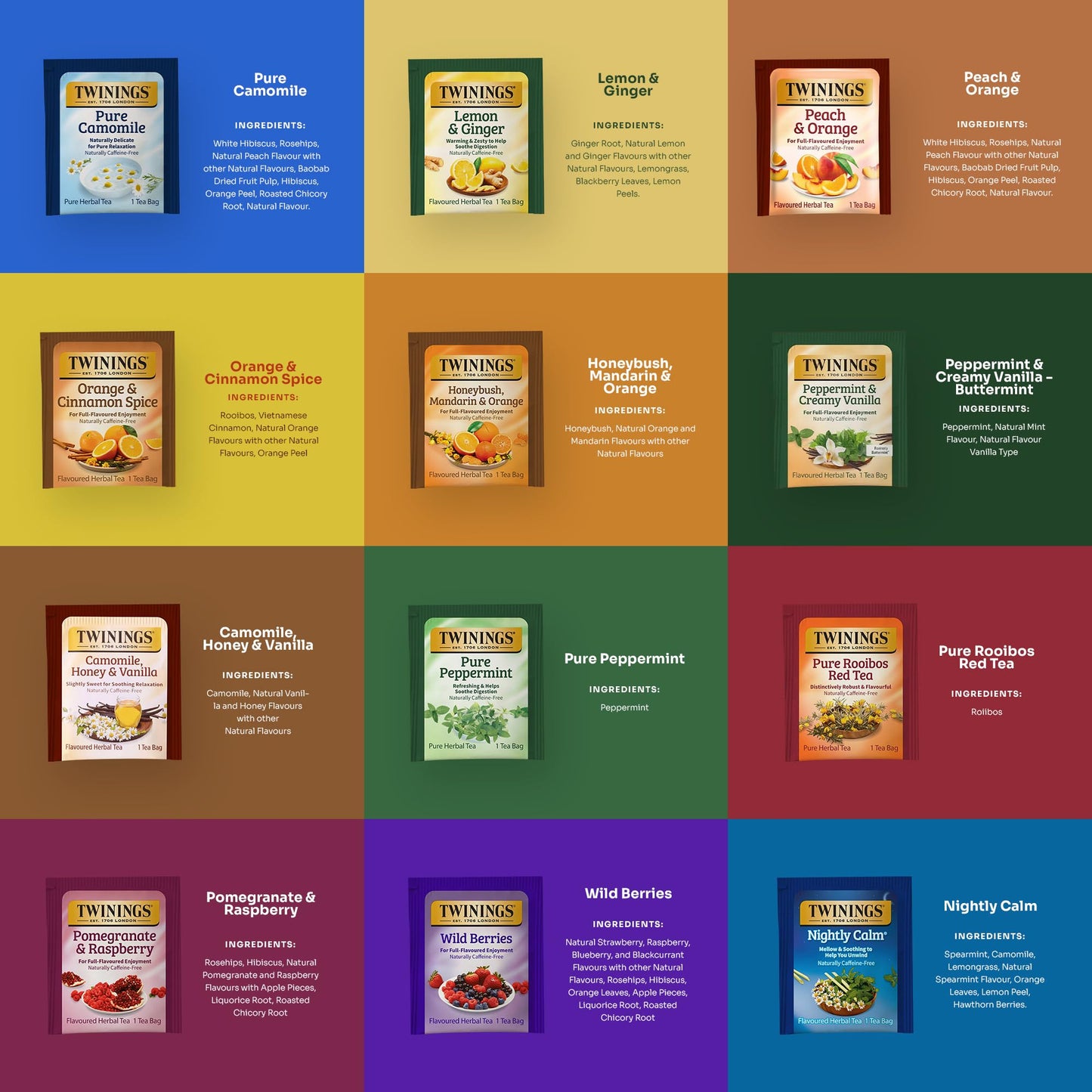 Twinings 48 Tea Bags Herbal Variety Pack - 12 Herbal Flavors  Caffeine-Free  Individually Wrapped  Perfect Tea for Any Occasion