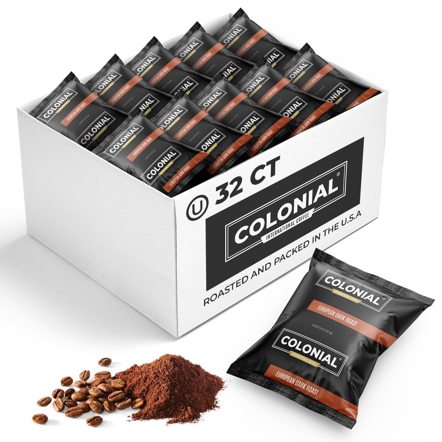 COLONIAL INTERNATIONAL COFFEE Decaf Colombian Medium Roast Coffee Packets, Bulk Single Pot Bags, 2.5 oz, Pack of 32