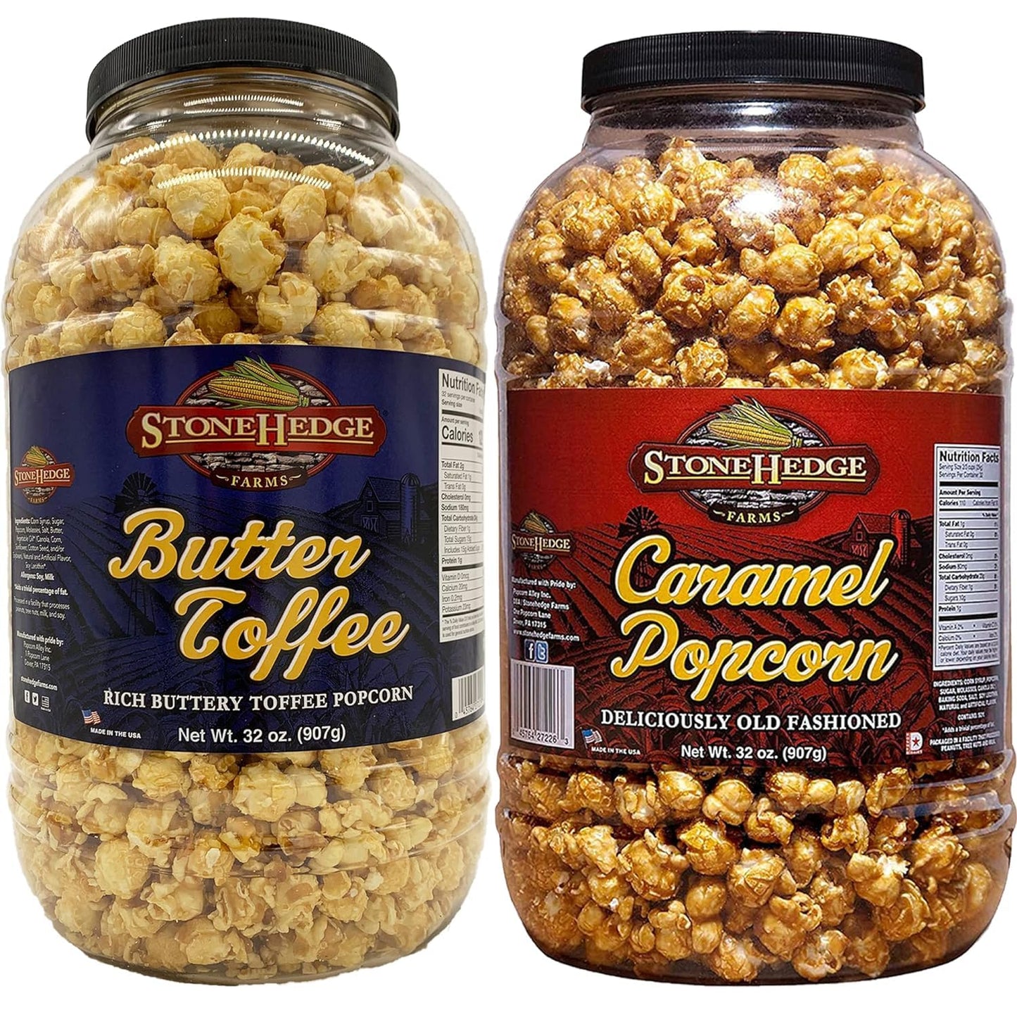Stonehedge Farms Flavored Popcorn Barrel Variety Pack - Caramel And Butter Toffee - 32 Ounces Each - Reclosable Bulk Barrels - M