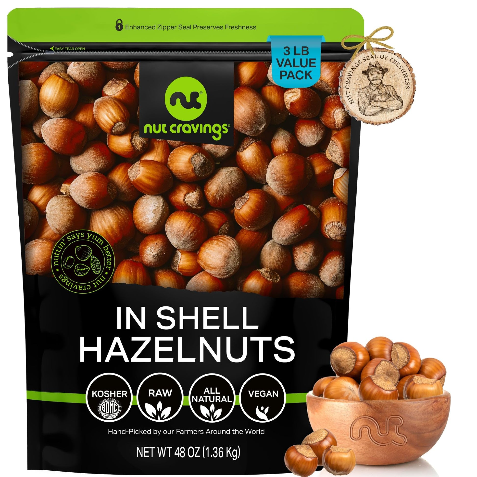 NUT CRAVINGS, Raw Hazelnuts Filberts In Shell, Whole, (48oz - 3 LB) Bulk Nuts Packed Fresh in Resealable Bag, Healthy Protein Fo