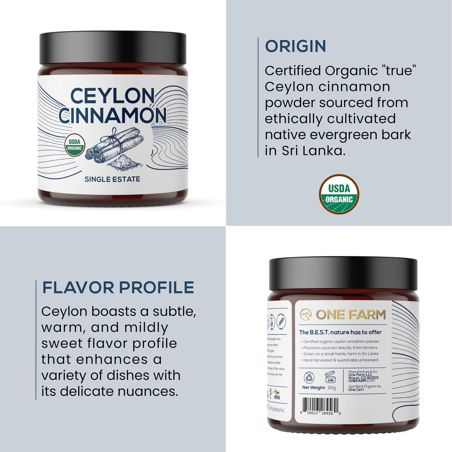 One Farm by WAAYB Organic Ceylon Cinnamon - Freshly Ground, Non-GMO, Fair-Trade, Gluten Free, Resealable Jar for Cooking and Beverages