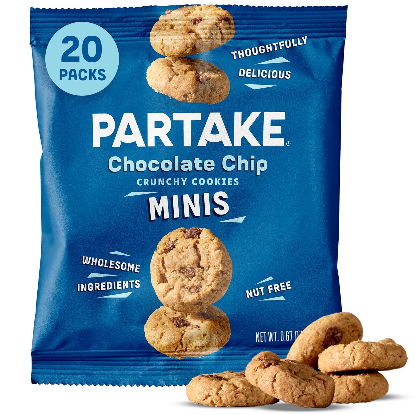 Gluten Free Partake Crunchy Chocolate Chip Cookies - Vegan - Free From The Top 9 Allergens Including Dairy, Wheat, Soy, Eggs, & Peanuts - Safe School & Office Snack (20 Packs, 0.67 Oz)