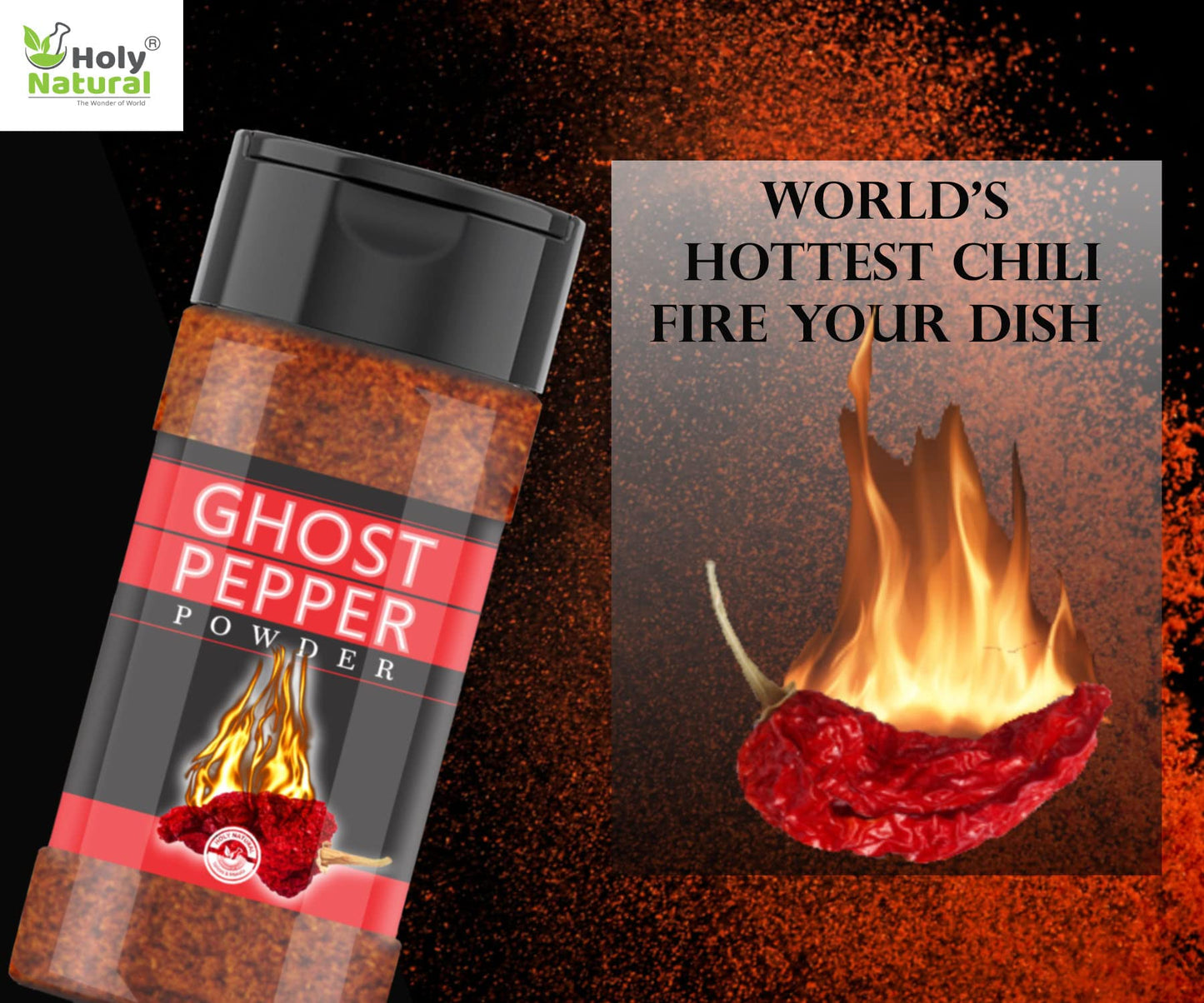Holy Natural Ghost Pepper Powder - 100% Pure Smoked Chili Powder, 3.5 oz, Hottest & Spicy Flavor for Cooking