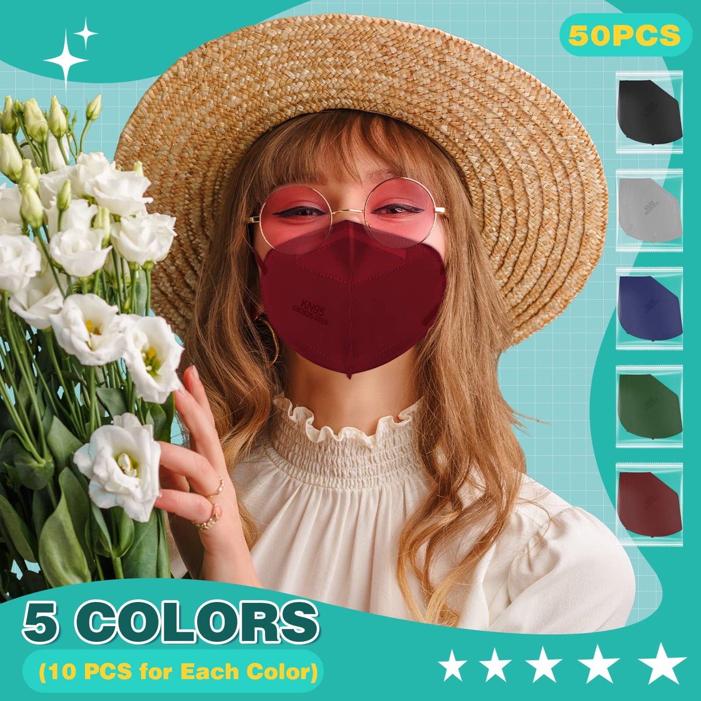 Xdx Kn95 Face Masks, 50 Pack Individually Wrapped Multicolor Face Masks For Men And Women, 5 Layers Breathable Masks Disposable,