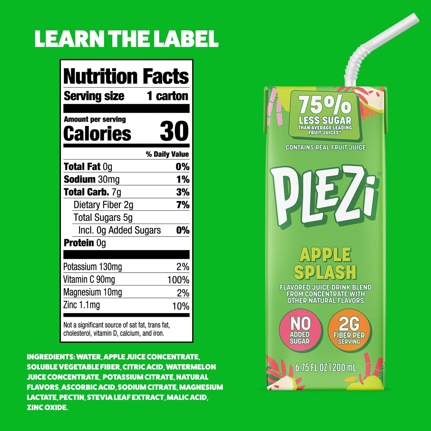 PLEZi Fruit Juice Boxes For Kids, Apple Splash - Low Sugar Drinks with Dietary Fiber, Healthy Vitamin C, and Potassium Electroly