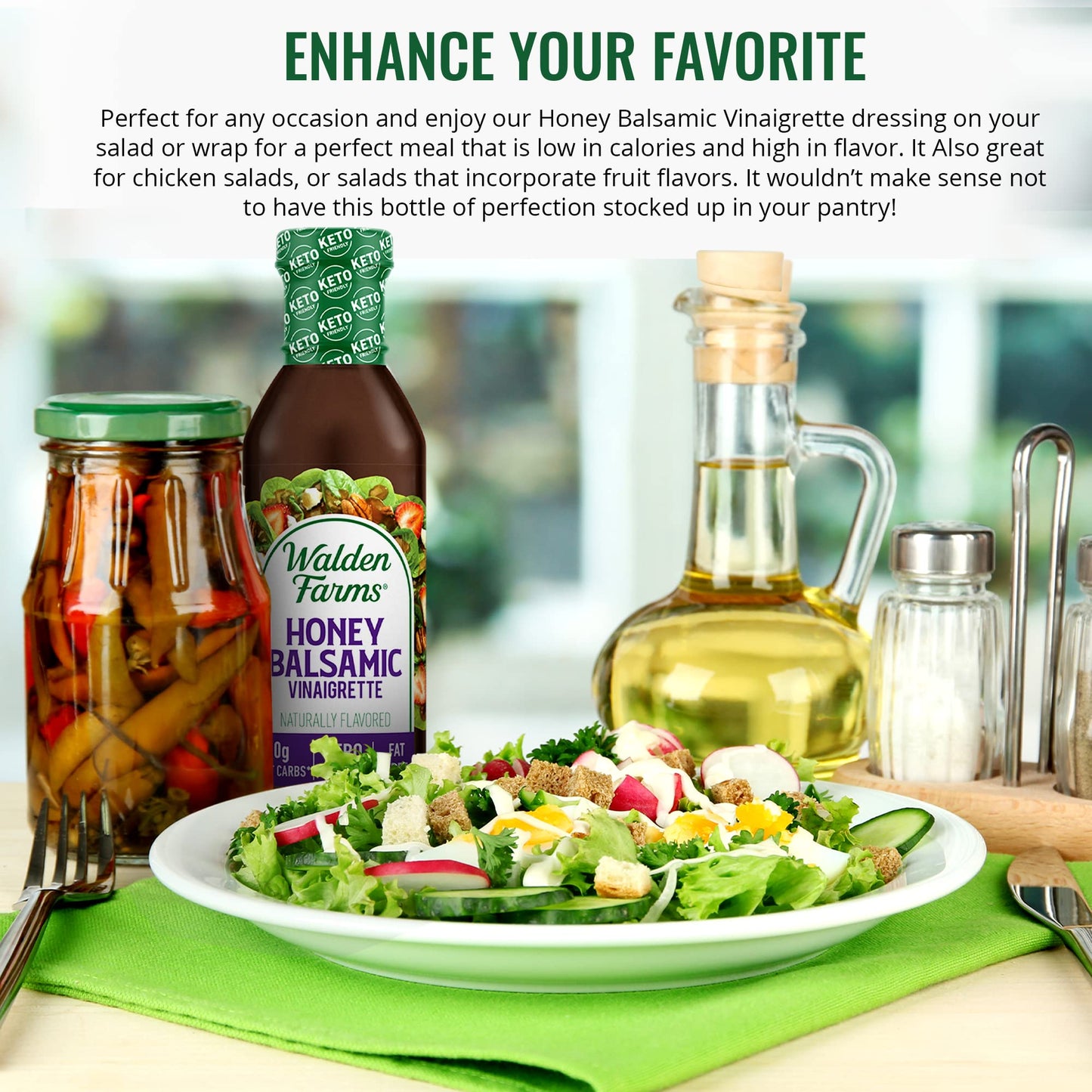 Walden Farms Honey Balsamic Vinaigrette - Calorie-Free, Gluten-Free, Low Carb, Keto-Friendly, Vegan, Sugar-Free, Dressing With S