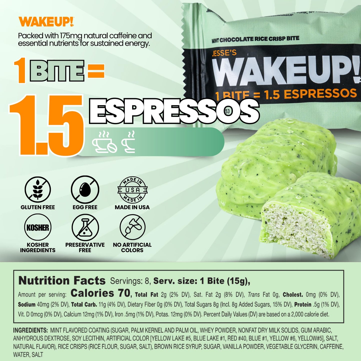Wake Up! Mint Chocolate Caffeinated Protein Bites (1 Bite = 1.5 Espressos) – 175Mg Clean Caffeine For Energy, Focus & Happy Mornings – Gluten-Free, Kosher Ingredients, Vegetarian – Proprietary Blend For Smooth, Jitter-Free Energy – 8 Pack