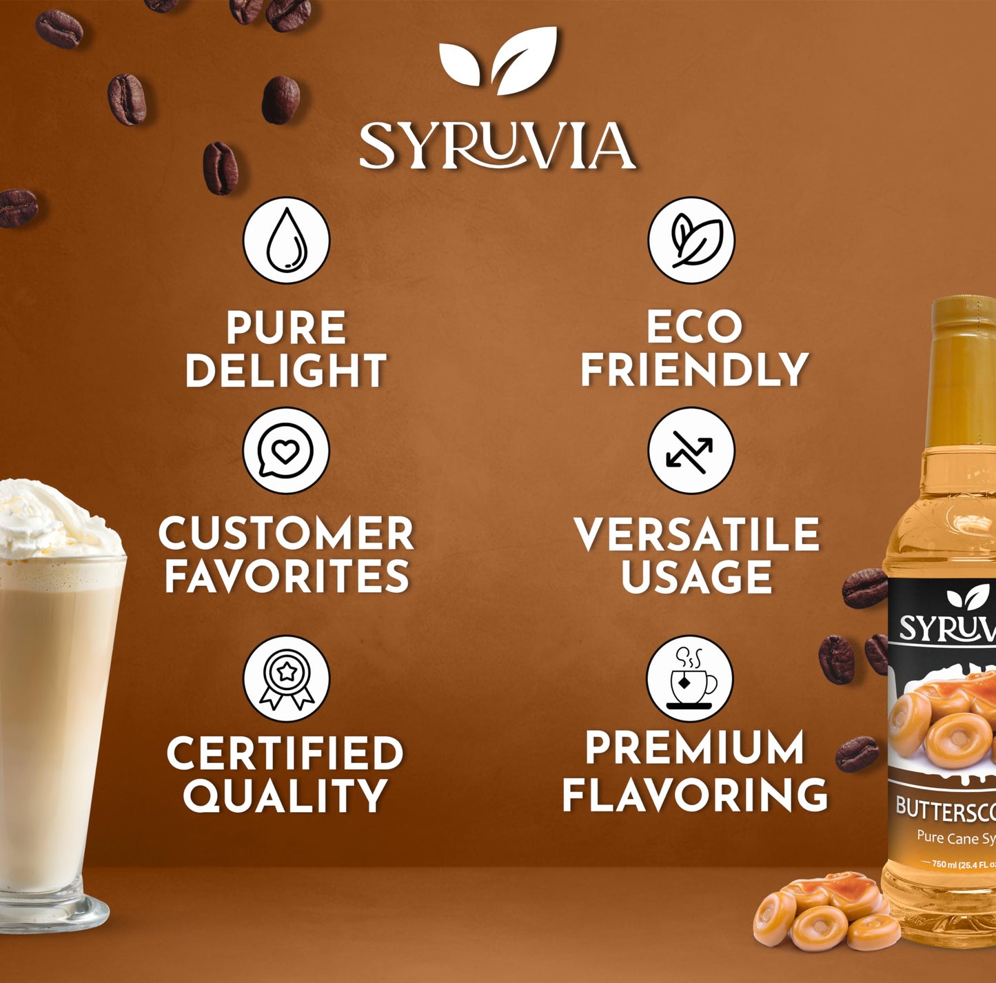 Syruvia Butterscotch Coffee Syrup - 25.4 Fl Oz Enhanced Coffee Flavoring Syrup - Kosher Coffee Syrups, Gluten Free, No Coloring, Perfect For Drinks, Soda, Shakes, And More With Pump