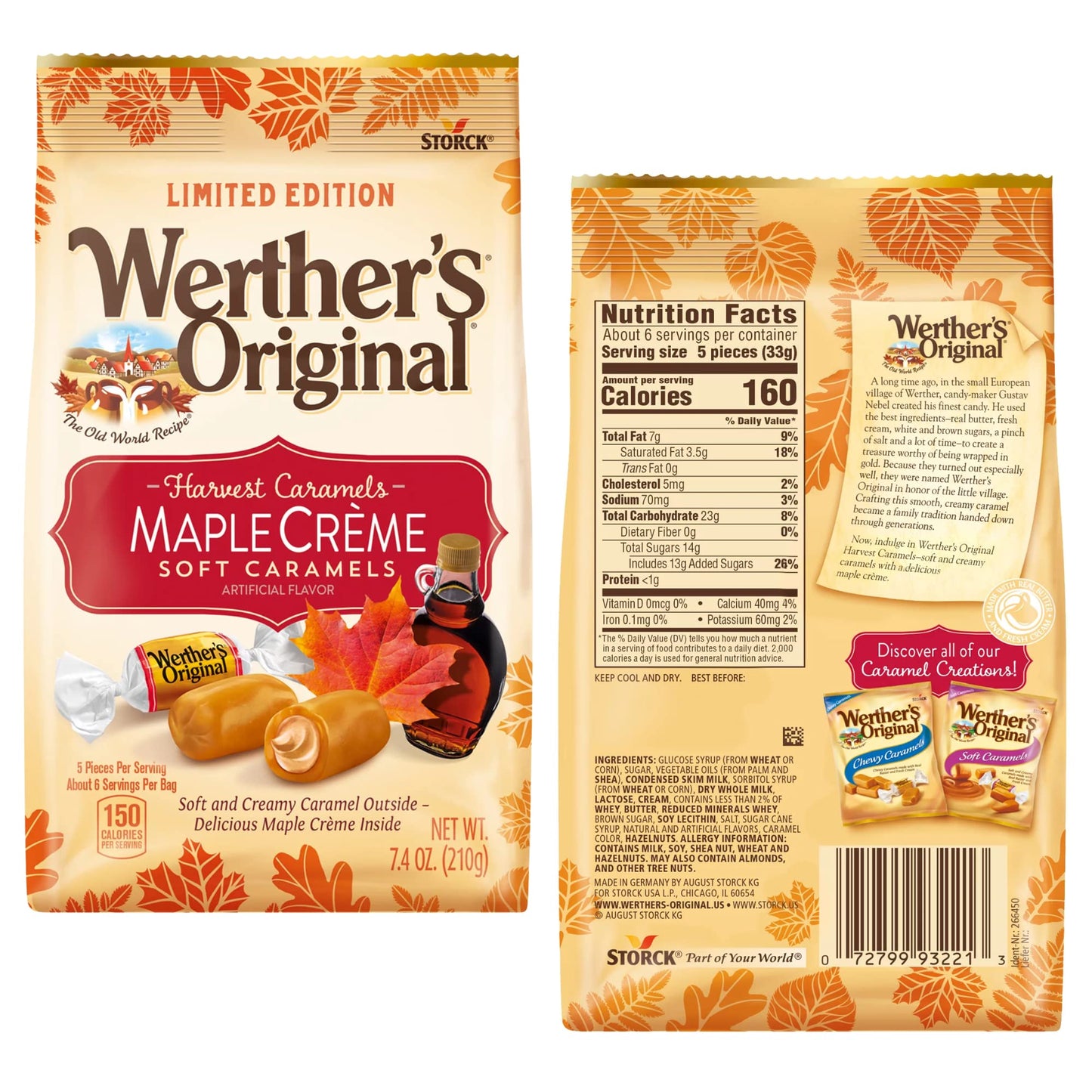 Needzo Werther's Original Harvest Soft Caramel Candies, Maple Crème Filled, 2 Pack, 7.4 Ounces Each, Chewy and Sharable