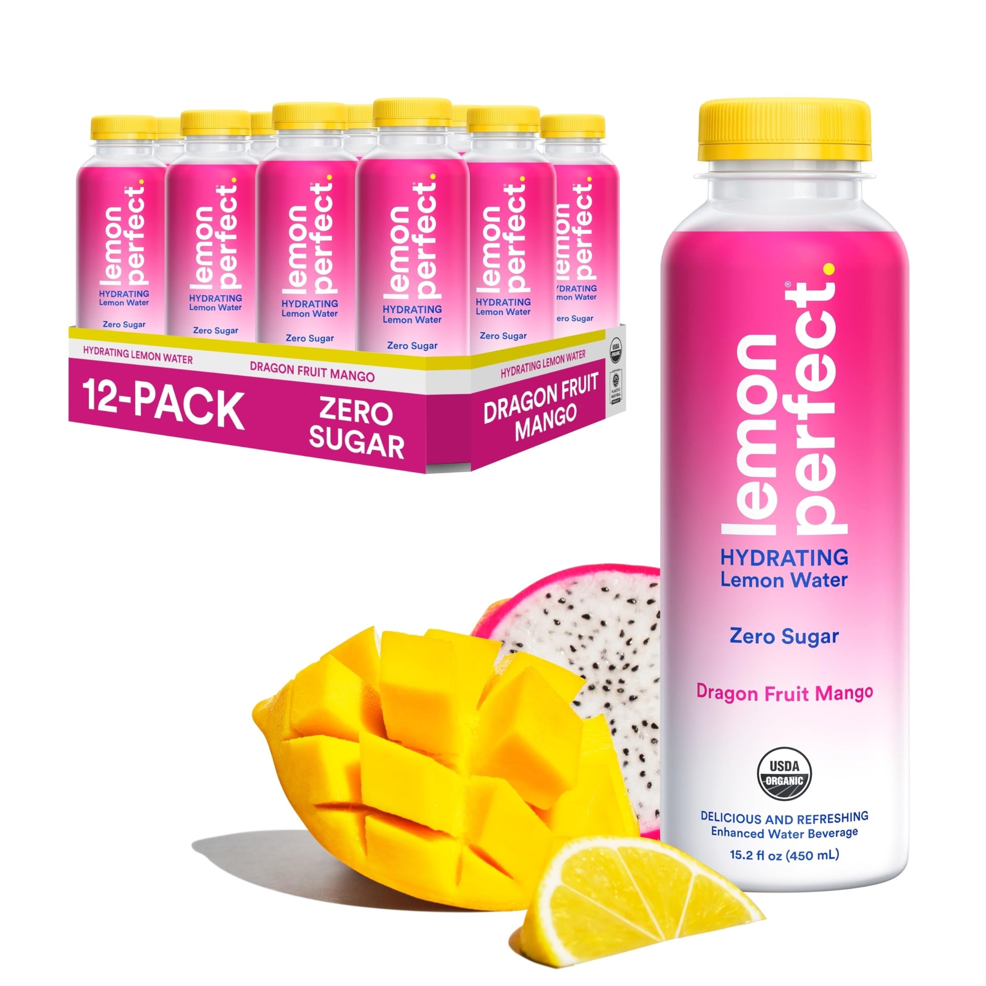 Lemon Perfect Dragon Fruit Mango, Hydrating Flavored Lemon Water, Zero Sugar, Delicious and Refreshing, Organic, 15.2 fl oz Bott