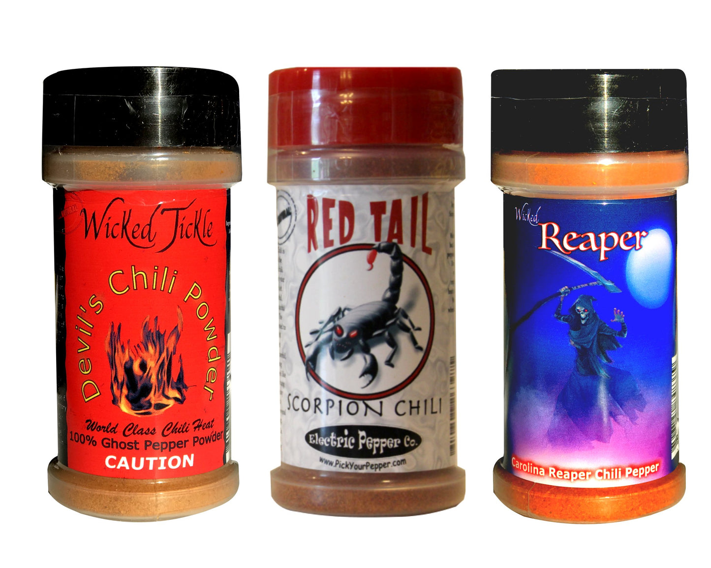 Wicked Reaper Extreme Chili Powder Gift Set, 3 Pack - Ghost, Scorpion, Carolina Reaper, 2 oz Bottles