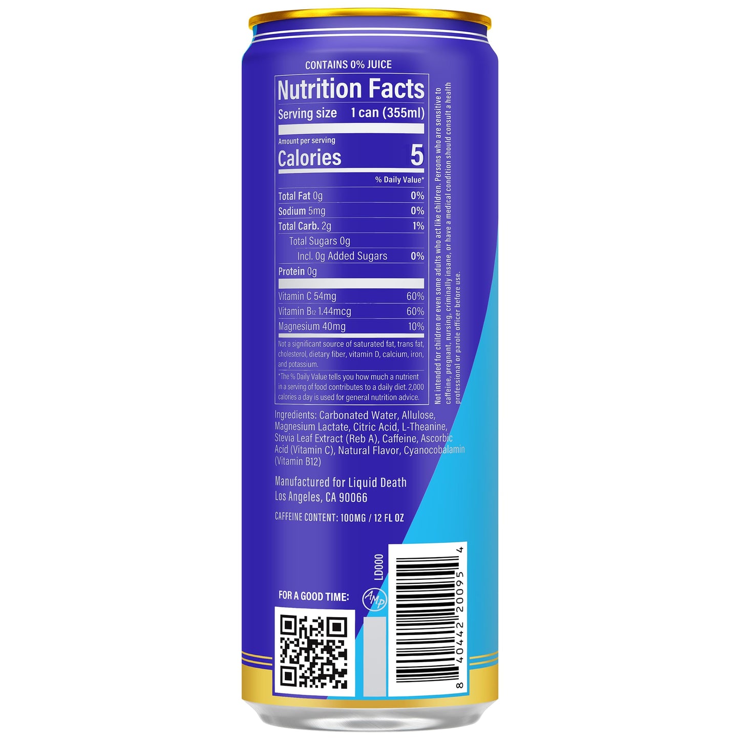 Liquid Death Sparkling Energy - Tropical Terror (Pia Colada Flavor)  Sugar-Free Energy Drink  Unextreme Caffeine 100mg  Essential Vitamins  12 Fl Oz (Pack of 12)