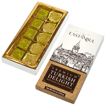 Eastanbul Premium Turkish Delight with Dubai Chocolate Filling, 8.8oz, Turkish Delights Pistachio, Lokum, Pistachio Turkish Deli