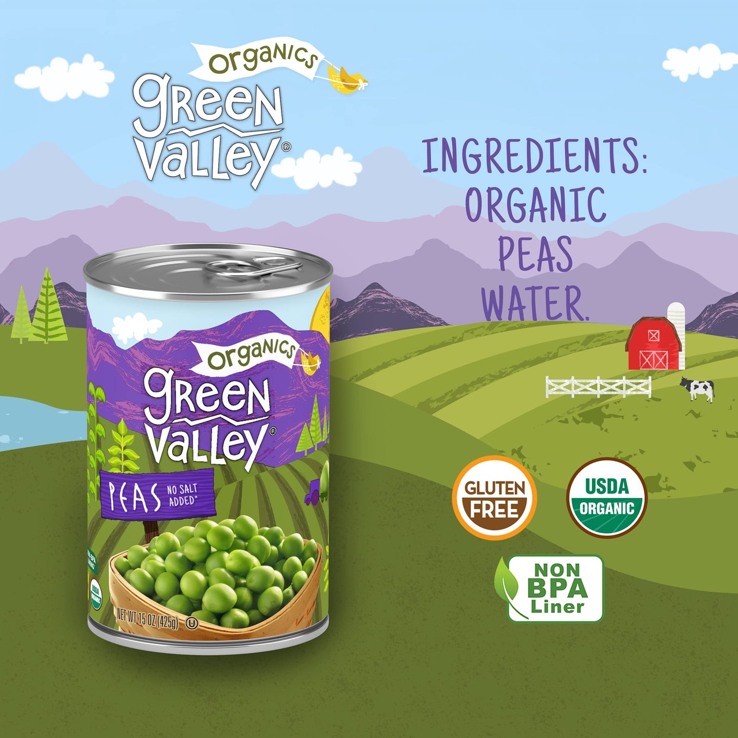 Green Valley Organics Peas | Certified Organic | Deliciously Succulent, Creamy Sweet | 15 Oz Can (Pack Of 4)