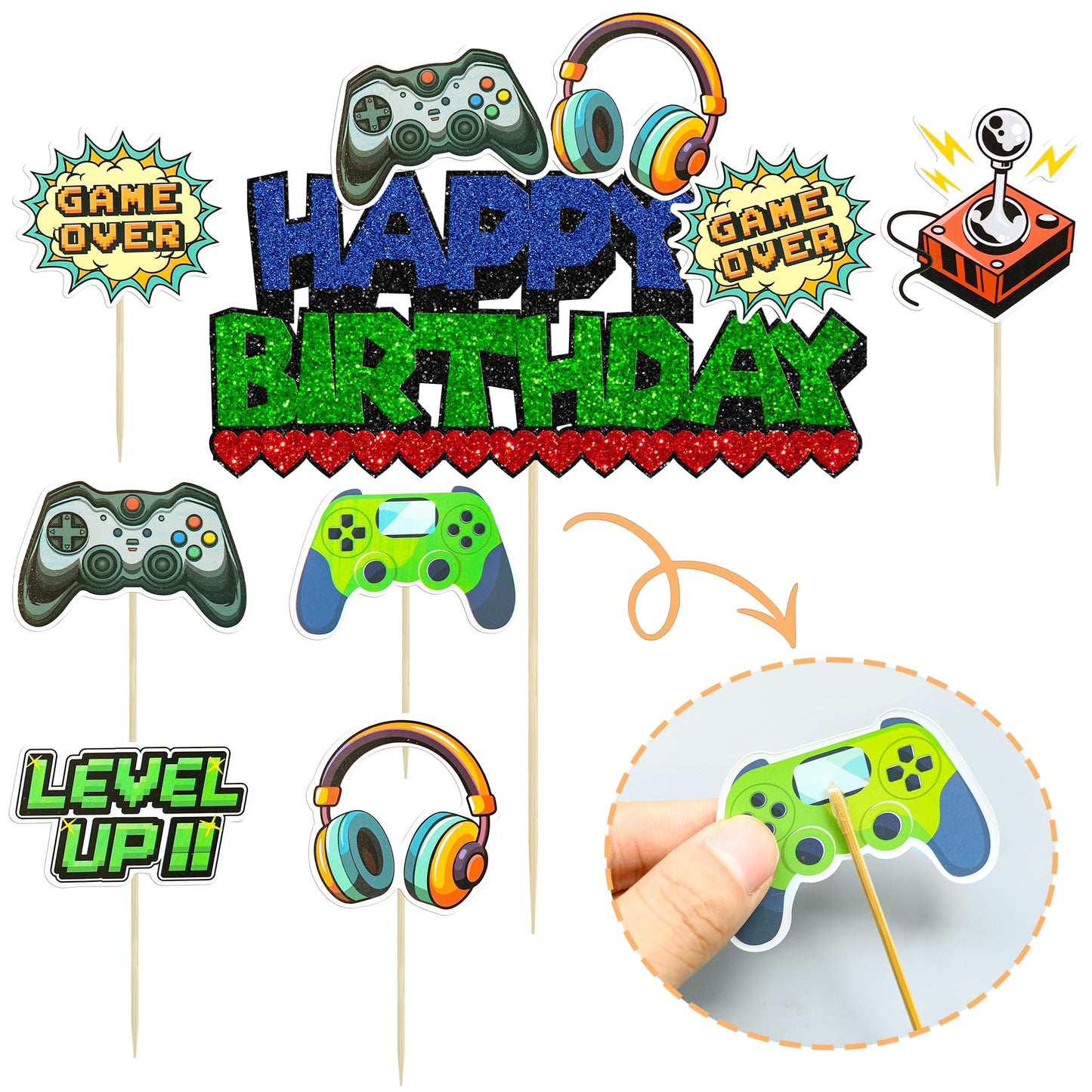 Ephlyn 37Pcs Video Game Cupcake Toppers Video Game Happy Birthday Cake Topper Game On Controllers Cupcake Picks Gamepad Cake Dec