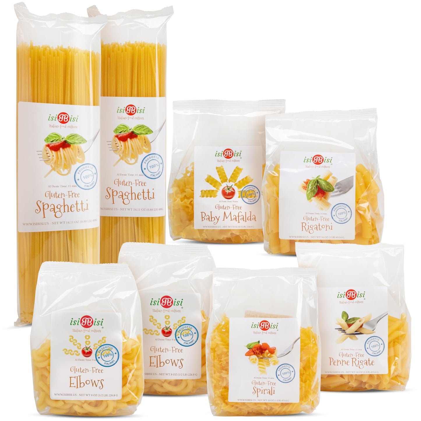 isiBisi Gluten Free Pasta Sampler - Penne, Spaghetti, Rigatoni, Elbow, Baby Mafalda Pasta, Spirali Noodles - Italian Pasta in Bu