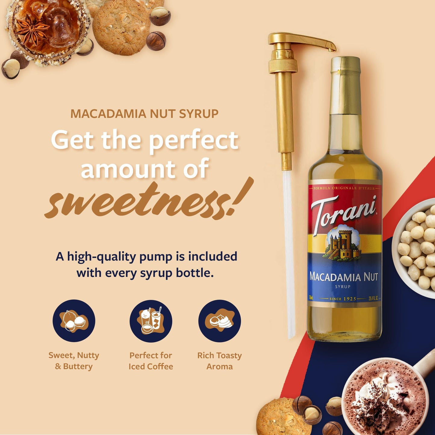 Torani Coffee Syrup, Macadamia Nut Flavoring For Drinks, Glass Bottle With Pump Included, 25.4 Fl Oz