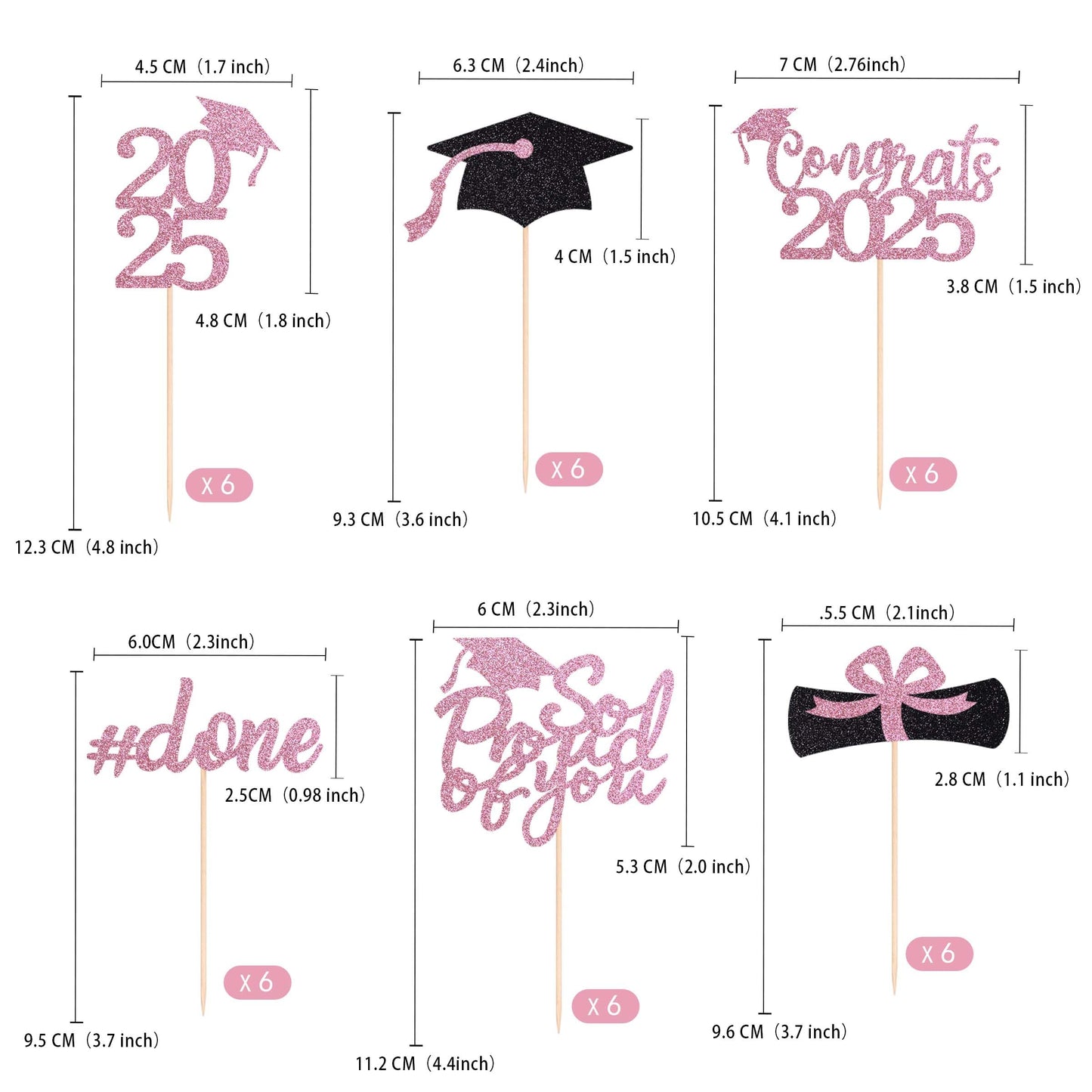 Gexolenu 36 Pcs Class Of 2025 Graduation Cupcake Toppers, Pink Glitter Double-Sided Grad Cap Cake Picks For Party Supplies, Deco