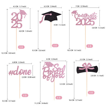 Gexolenu 36 Pcs Class Of 2025 Graduation Cupcake Toppers, Pink Glitter Double-Sided Grad Cap Cake Picks For Party Supplies, Deco