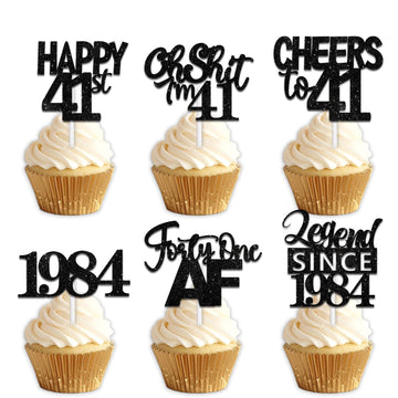 18pcs Black Glitter Happy 41st Dessert Cupcake Topper Pick for Funny Legend Since 1984 Theme Decor Supplies Men Women Happy 41 B