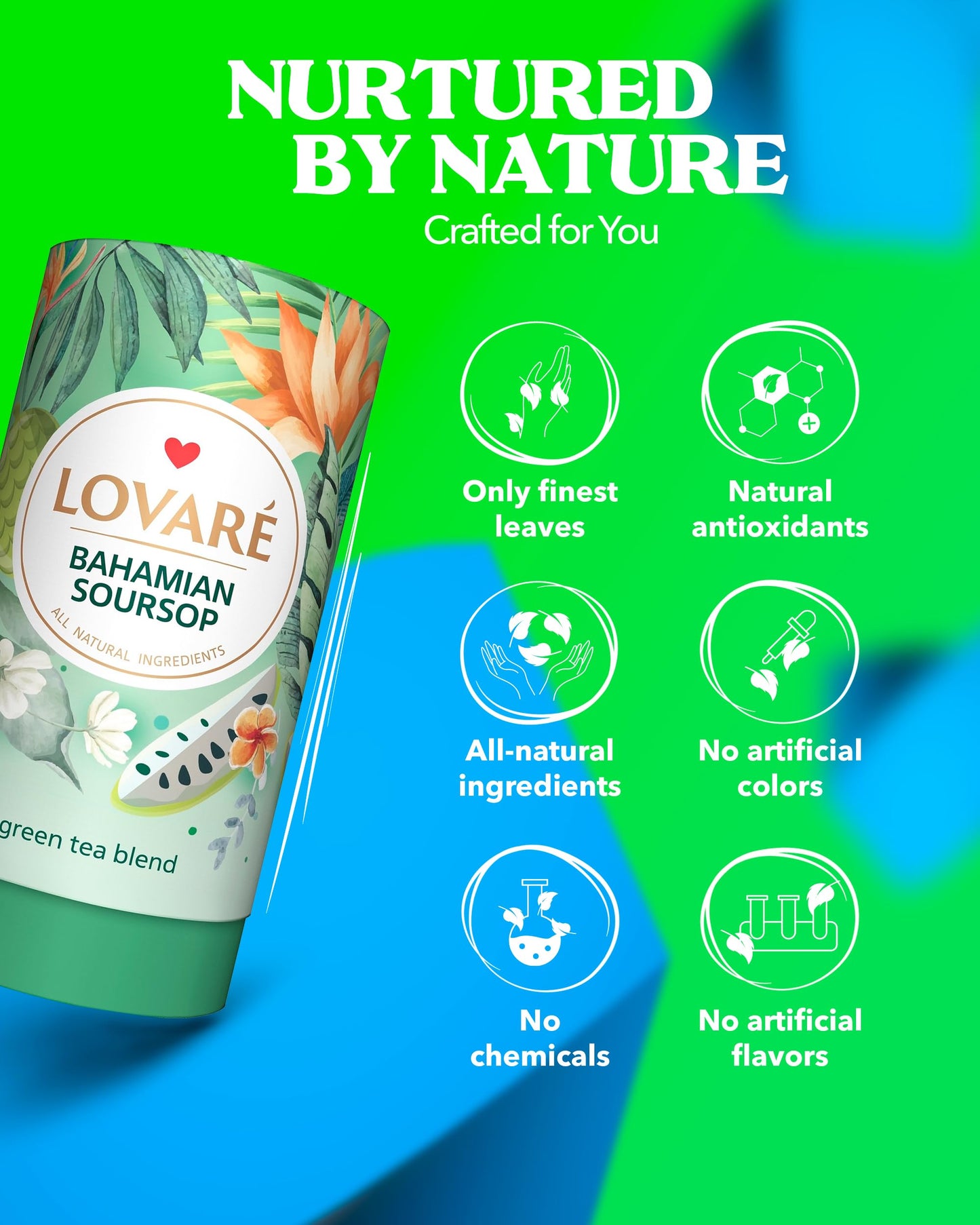 LOVARE Bahamian Soursop Loose Leaf Tea 80 g - Made in Ukraine - Green tea, Soursop, and Orange Blossom - Gift Box with 15 Paper